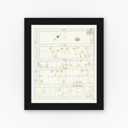 Old map wall art mockup — black gallery frame with white mat — Sanborn Fire Insurance Map from Somerville, Burleson County, Texas (1910), Sheet #0009