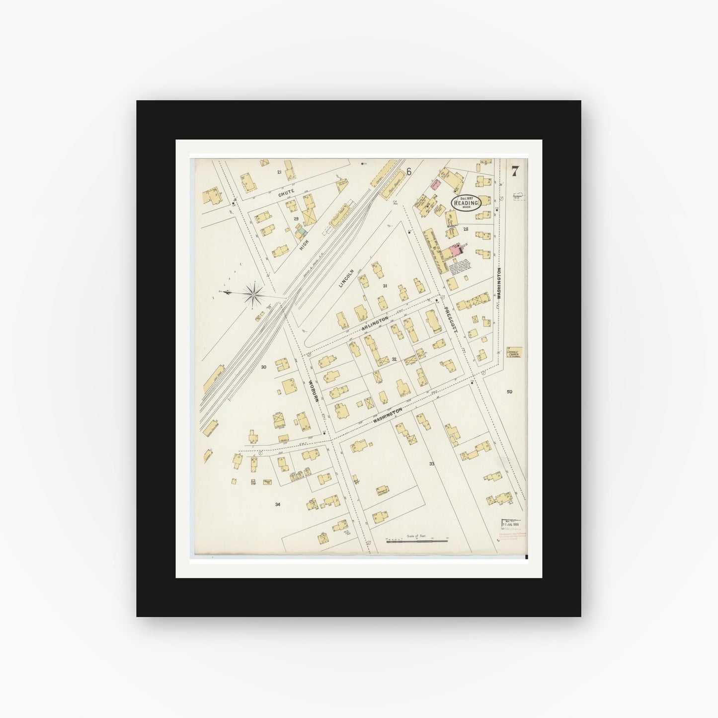 Old map wall art mockup — black gallery frame with white mat — Sanborn Fire Insurance Map from Reading, Middlesex County, Massachusetts (1897), Sheet #0007