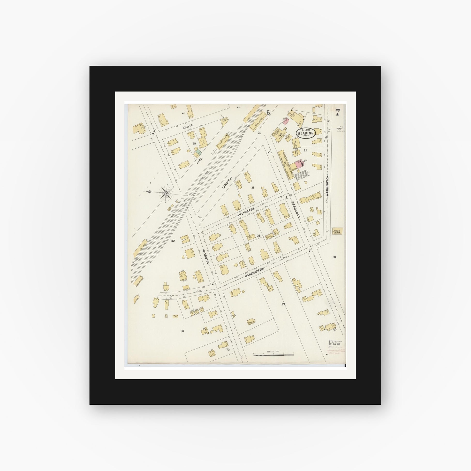 Old map wall art mockup — black gallery frame with white mat — Sanborn Fire Insurance Map from Reading, Middlesex County, Massachusetts (1897), Sheet #0007