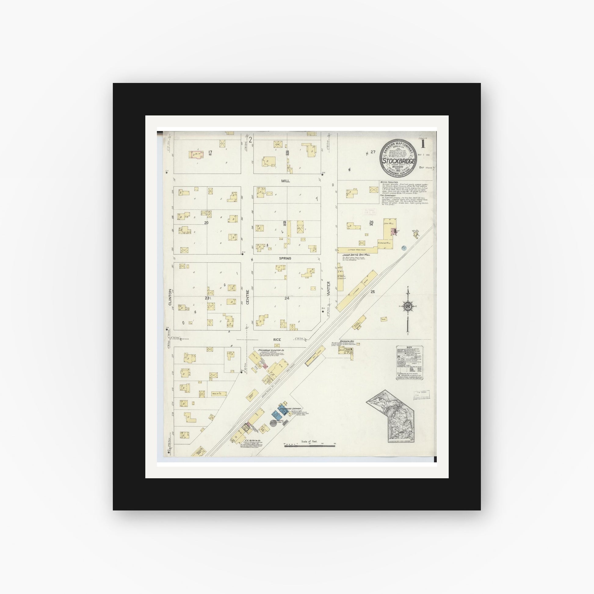 Old map wall art mockup — black gallery frame with white mat — Sanborn Fire Insurance Map from Stockbridge, Ingham County, Michigan (1913), Sheet #0001