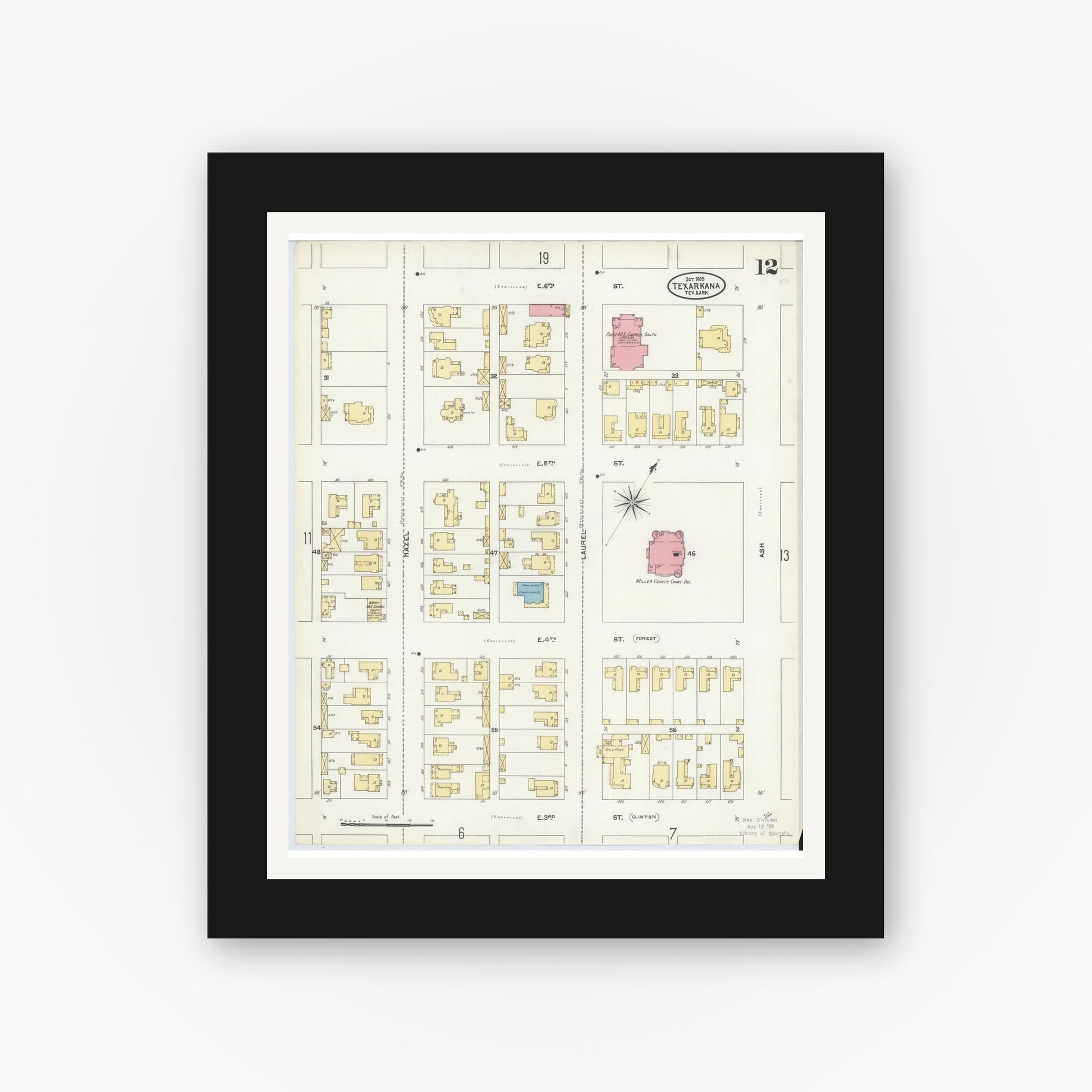 Old map wall art mockup — black gallery frame with white mat — Sanborn Fire Insurance Map from Texarkana, Bowie County, Texas (1905), Sheet #0012