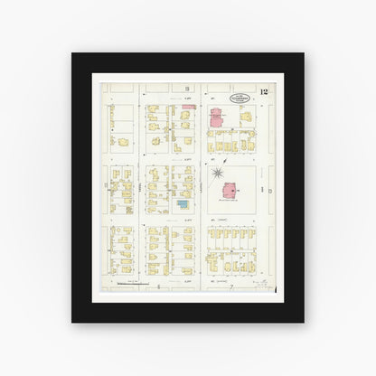 Old map wall art mockup — black gallery frame with white mat — Sanborn Fire Insurance Map from Texarkana, Bowie County, Texas (1905), Sheet #0012