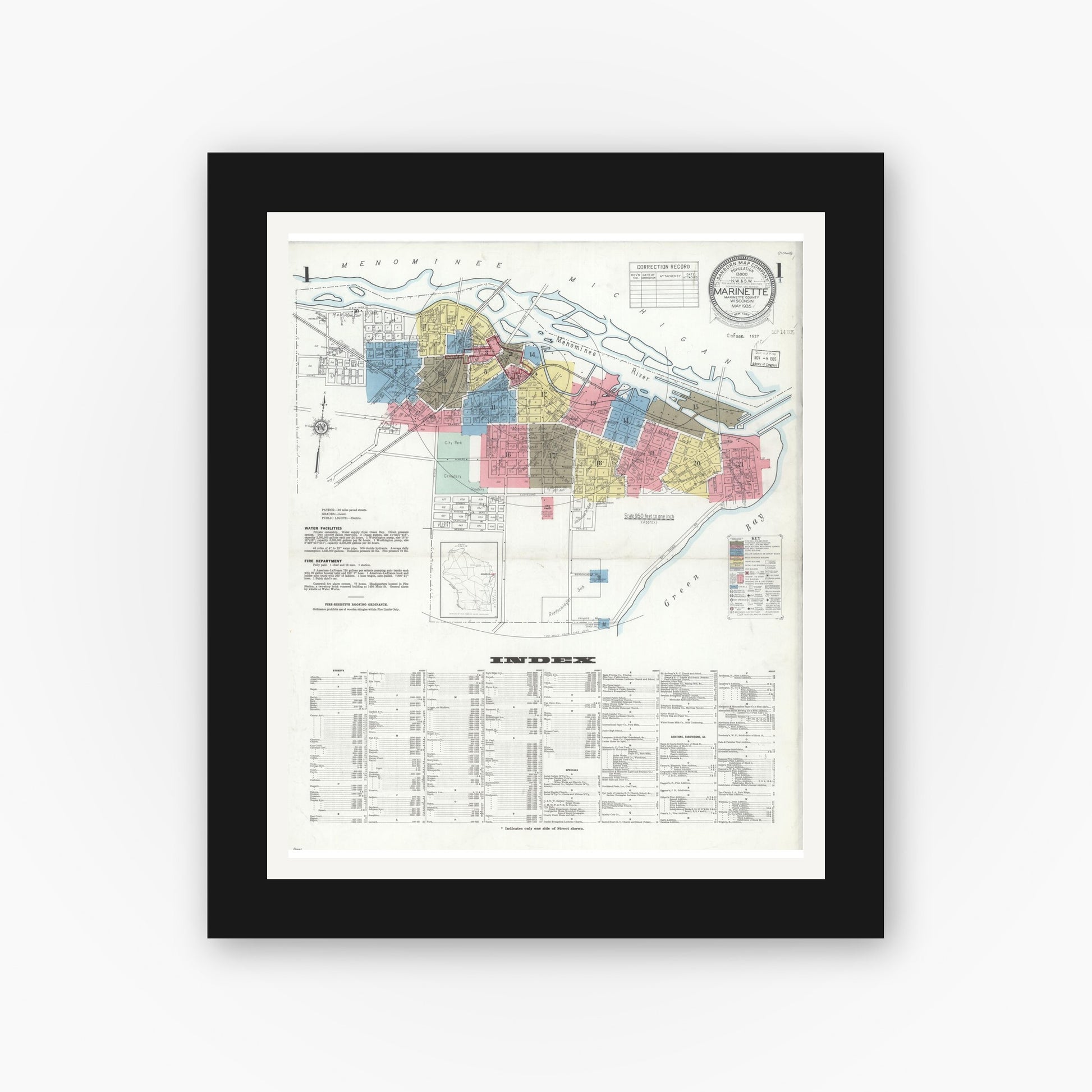 Old map wall art mockup — black gallery frame with white mat — Sanborn Fire Insurance Map from Marinette, Marinette County, Wisconsin (1935), Sheet #0001