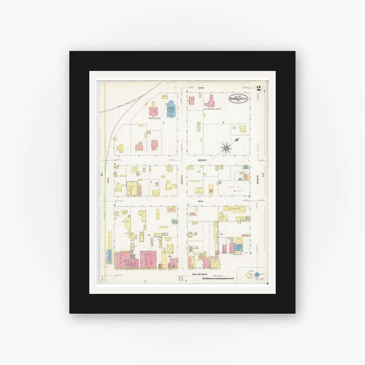 Old map wall art mockup — black gallery frame with white mat — Sanborn Fire Insurance Map from New Braunfels, Comal County, Texas (1907), Sheet #0002