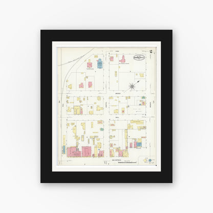 Old map wall art mockup — black gallery frame with white mat — Sanborn Fire Insurance Map from New Braunfels, Comal County, Texas (1907), Sheet #0002