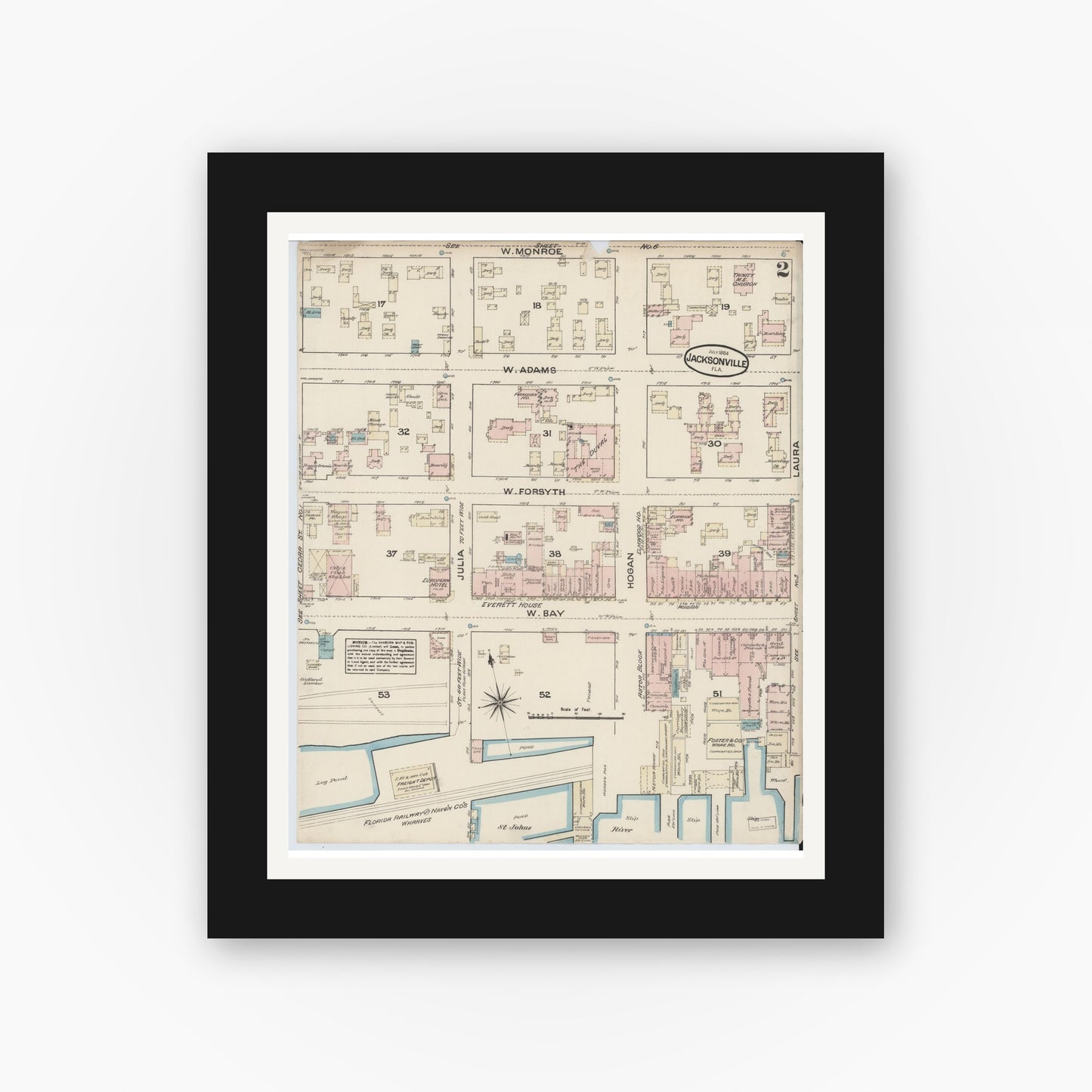 Old map wall art mockup — black gallery frame with white mat — Sanborn Fire Insurance Map from Jacksonville, Duval County, Florida (1884), Sheet #0002