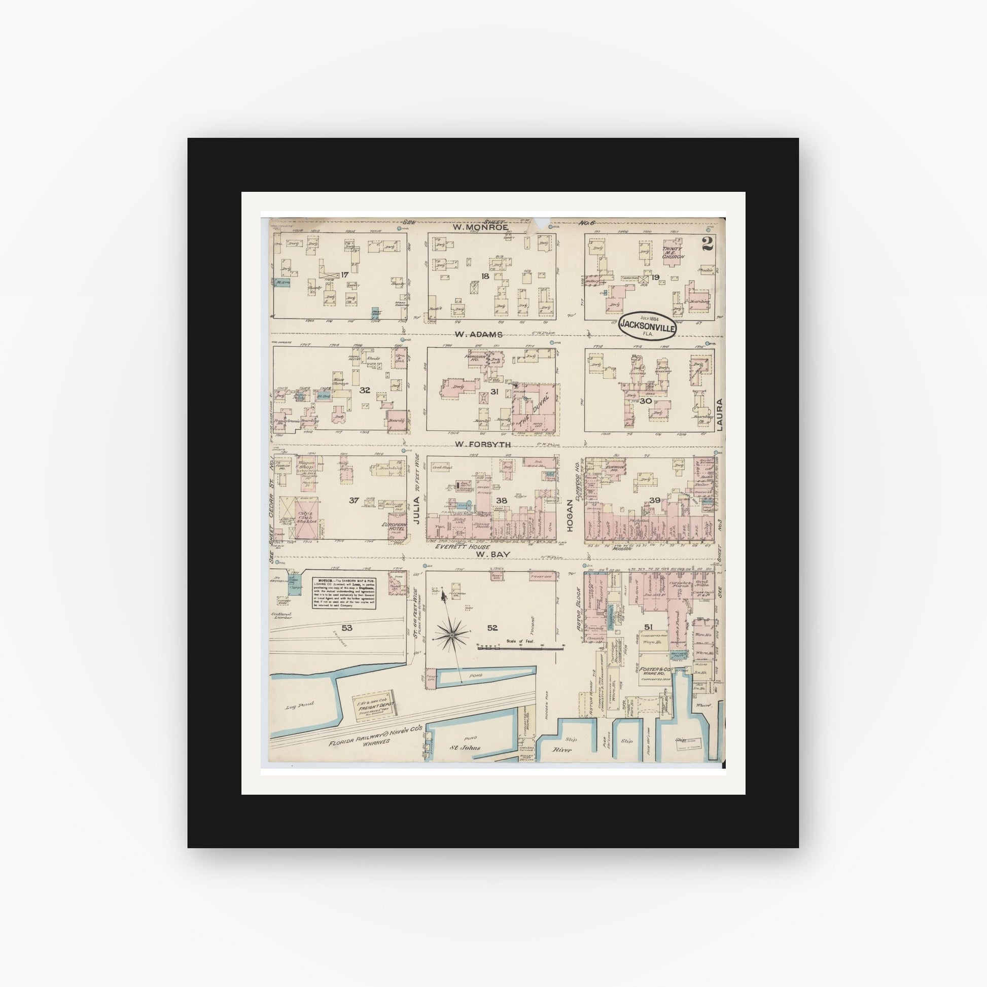 Old map wall art mockup — black gallery frame with white mat — Sanborn Fire Insurance Map from Jacksonville, Duval County, Florida (1884), Sheet #0002