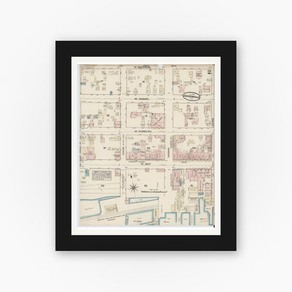 Old map wall art mockup — black gallery frame with white mat — Sanborn Fire Insurance Map from Jacksonville, Duval County, Florida (1884), Sheet #0002