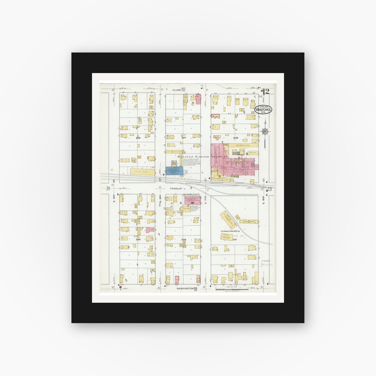 Old map wall art mockup — black gallery frame with white mat — Sanborn Fire Insurance Map from Manitowoc, Manitowoc County, Wisconsin (1919), Sheet #0012