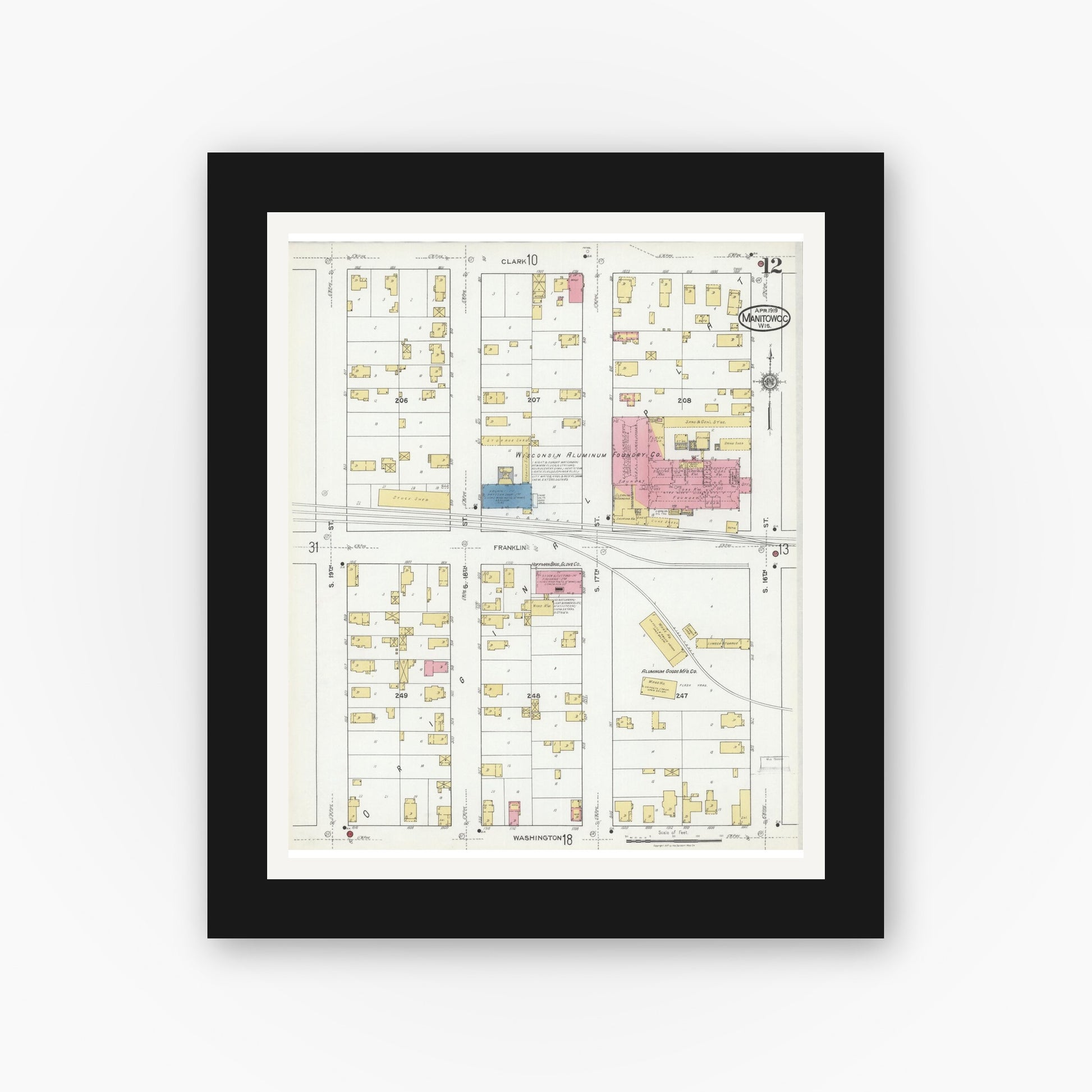 Old map wall art mockup — black gallery frame with white mat — Sanborn Fire Insurance Map from Manitowoc, Manitowoc County, Wisconsin (1919), Sheet #0012