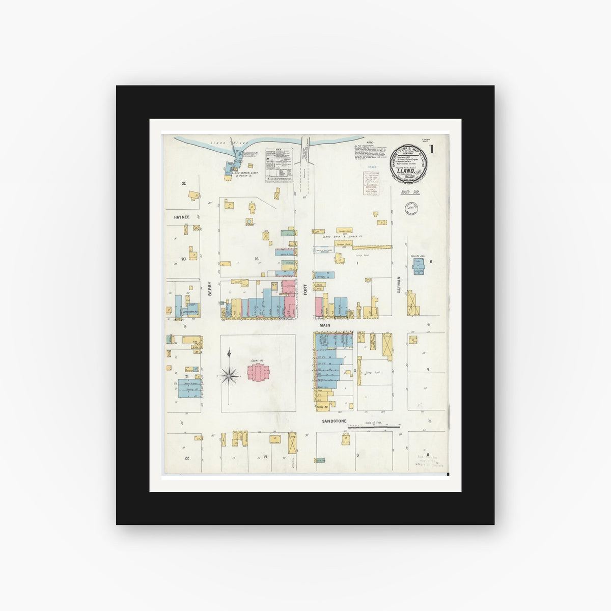 Old map wall art mockup — black gallery frame with white mat — Sanborn Fire Insurance Map from Llano, Llano County, Texas (1900), Sheet #0001
