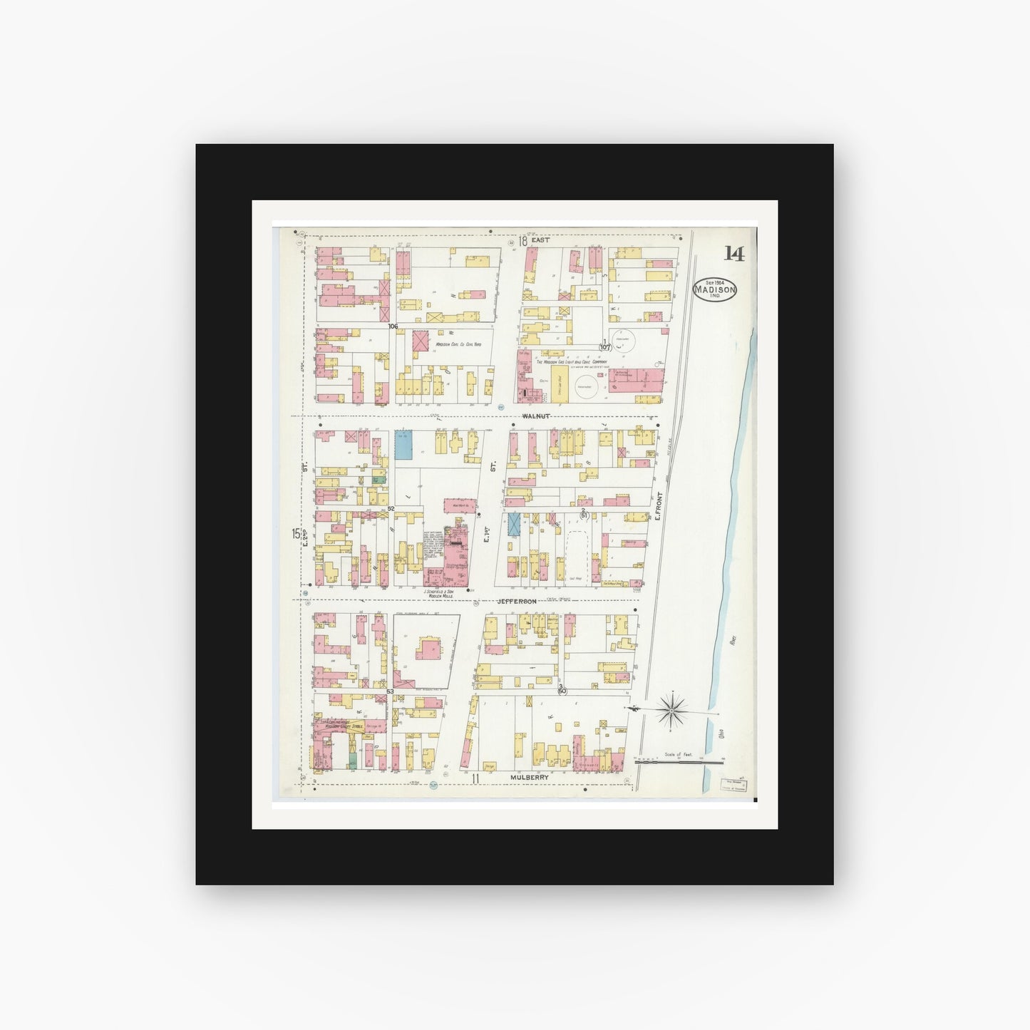 Old map wall art mockup — black gallery frame with white mat — Sanborn Fire Insurance Map from Madison, Jefferson County, Indiana (1904), Sheet #0014