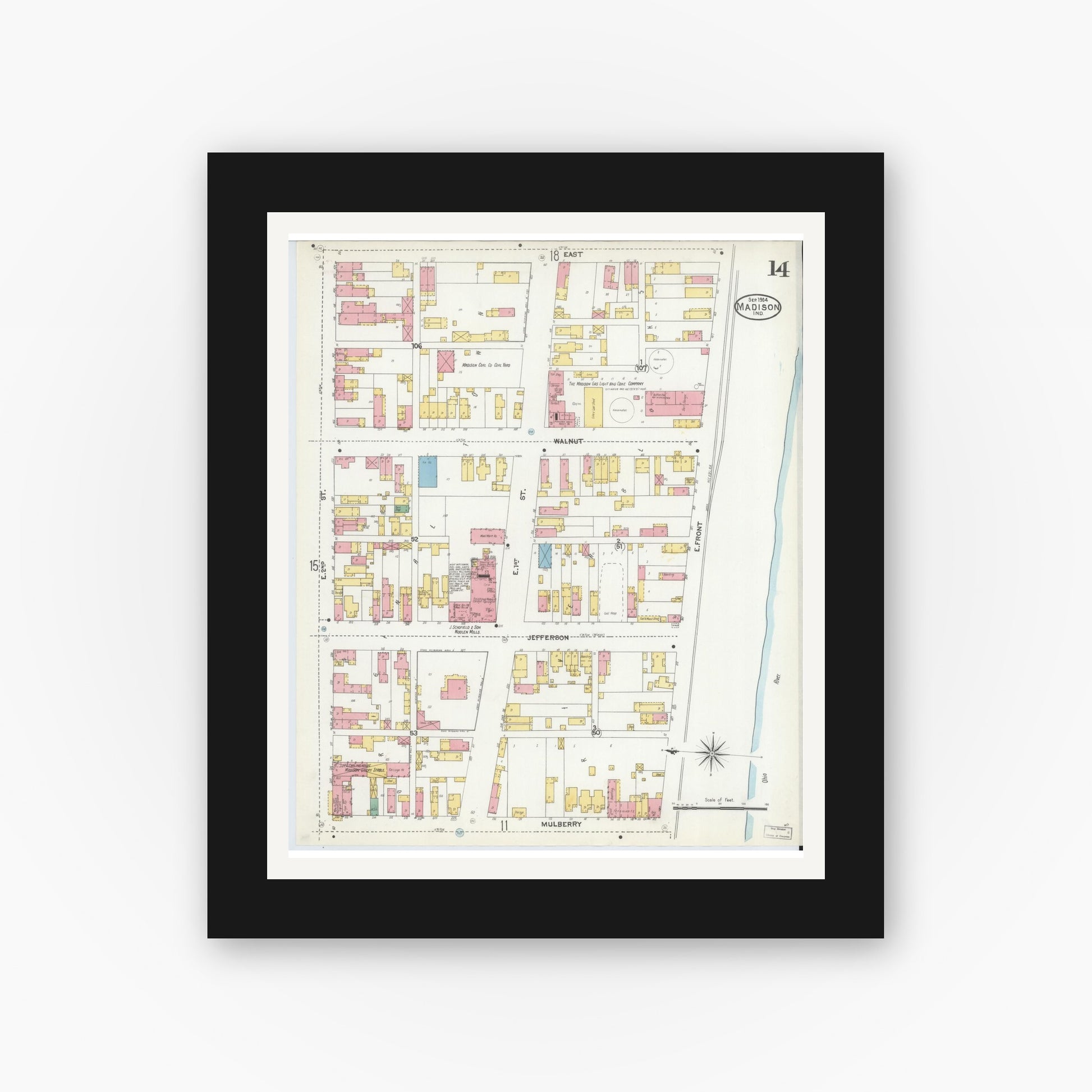 Old map wall art mockup — black gallery frame with white mat — Sanborn Fire Insurance Map from Madison, Jefferson County, Indiana (1904), Sheet #0014