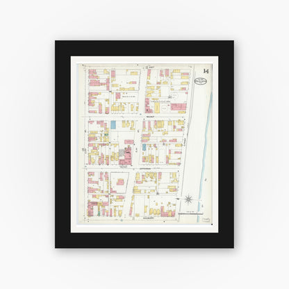 Old map wall art mockup — black gallery frame with white mat — Sanborn Fire Insurance Map from Madison, Jefferson County, Indiana (1904), Sheet #0014