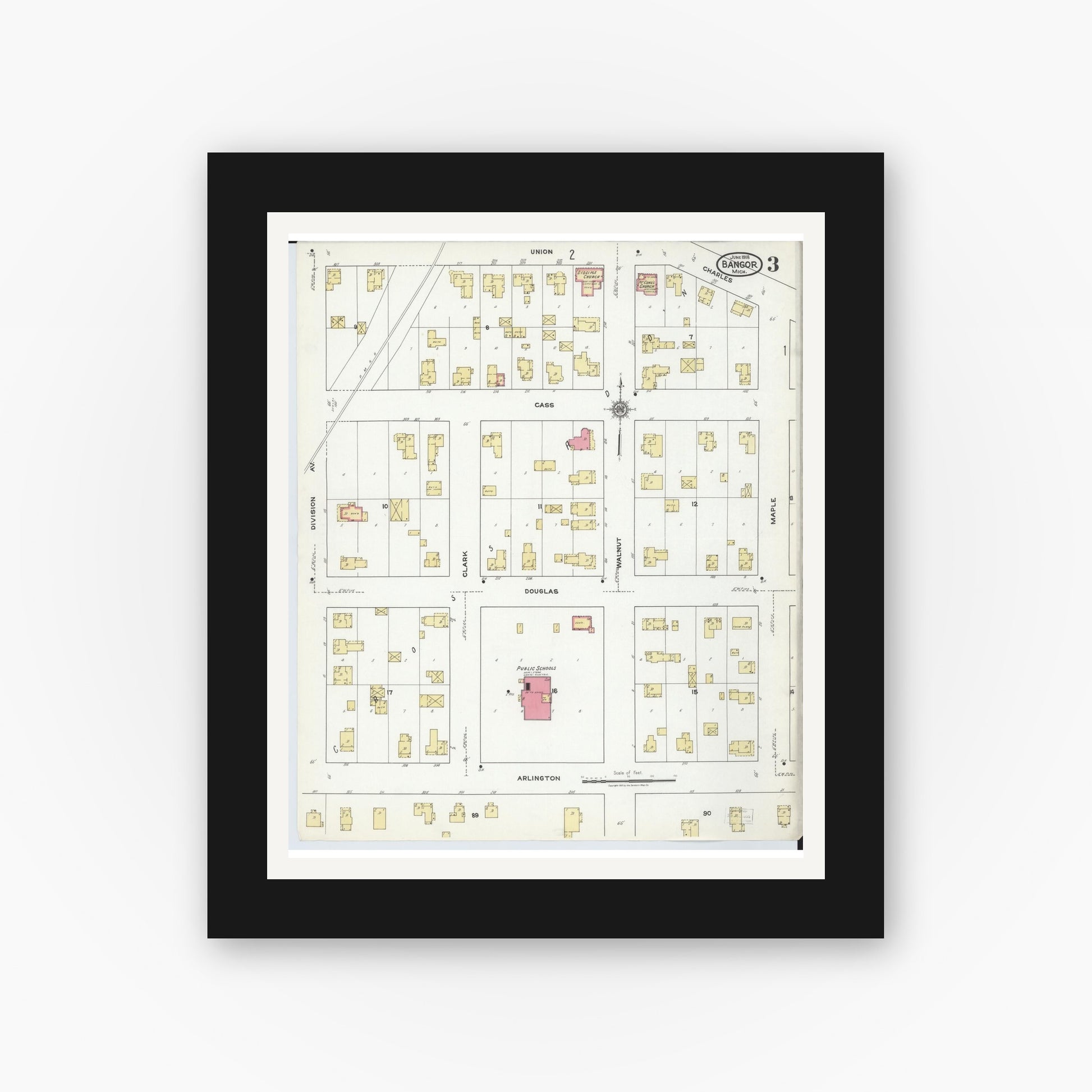 Old map wall art mockup — black gallery frame with white mat — Sanborn Fire Insurance Map from Bangor, Van Buren County, Michigan (1918), Sheet #0003