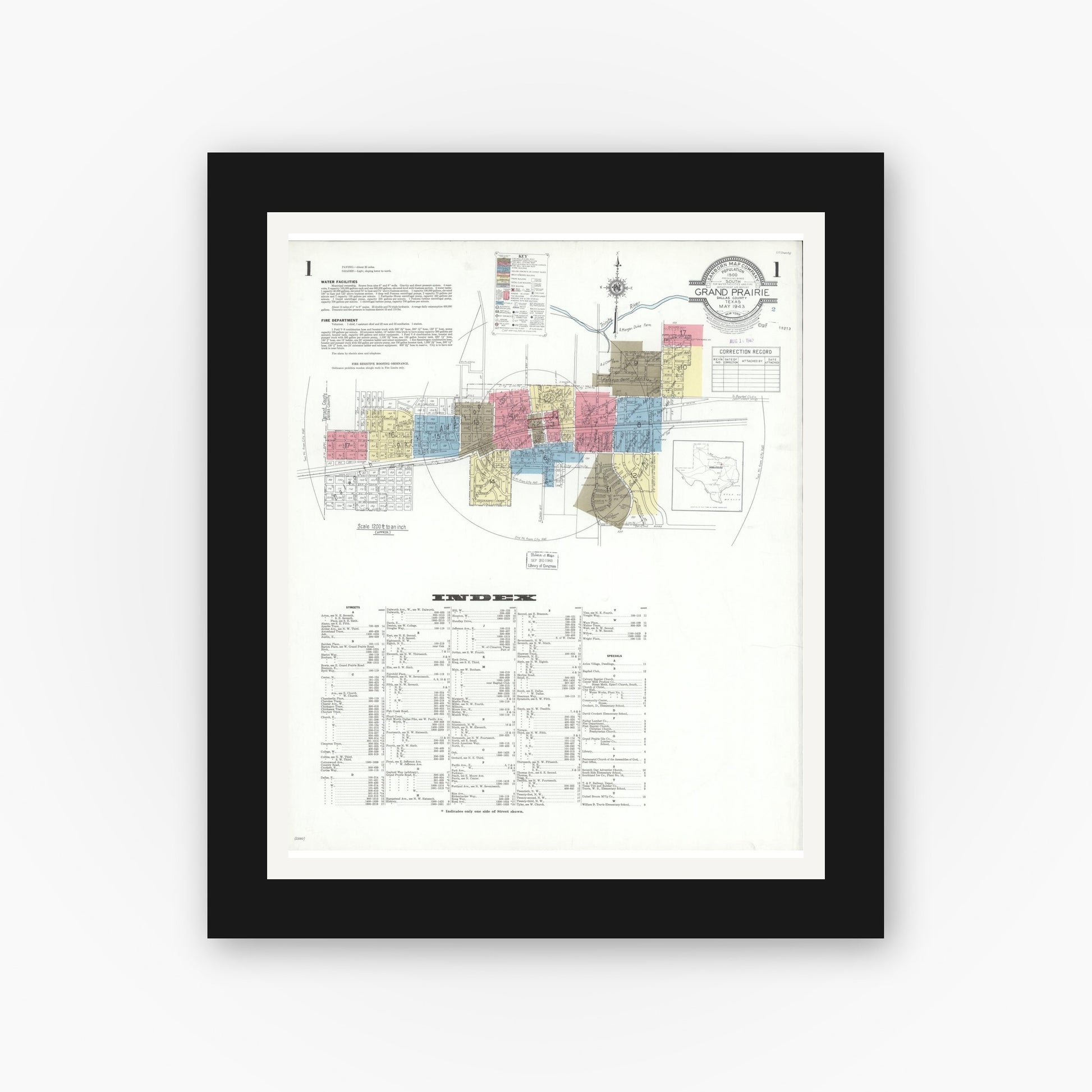 Old map wall art mockup — black gallery frame with white mat — Sanborn Fire Insurance Map from Grand Prairie, Dallas County, Texas (1943), Sheet #0001