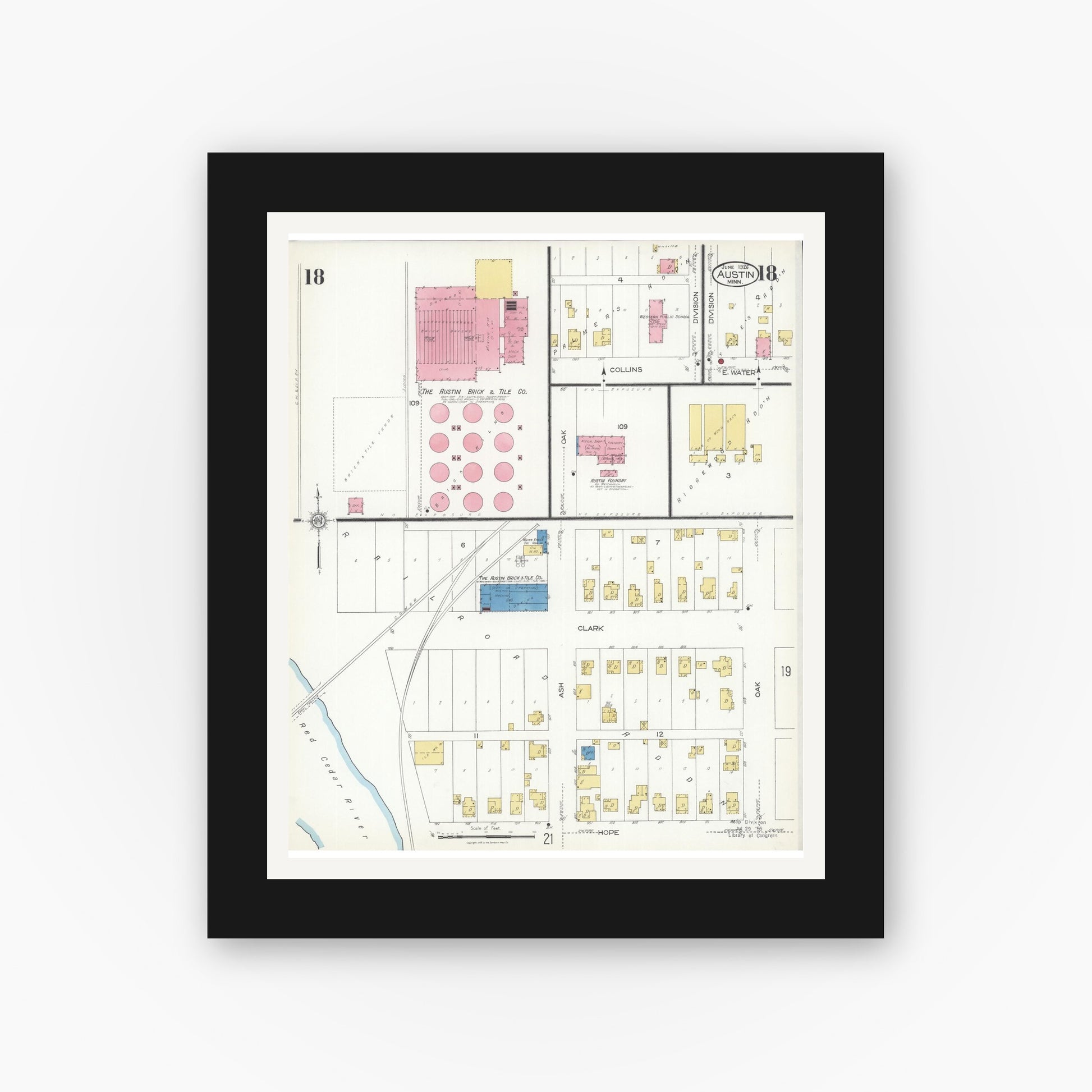 Old map wall art mockup — black gallery frame with white mat — Sanborn Fire Insurance Map from Austin, Mower County, Minnesota (1926), Sheet #0018