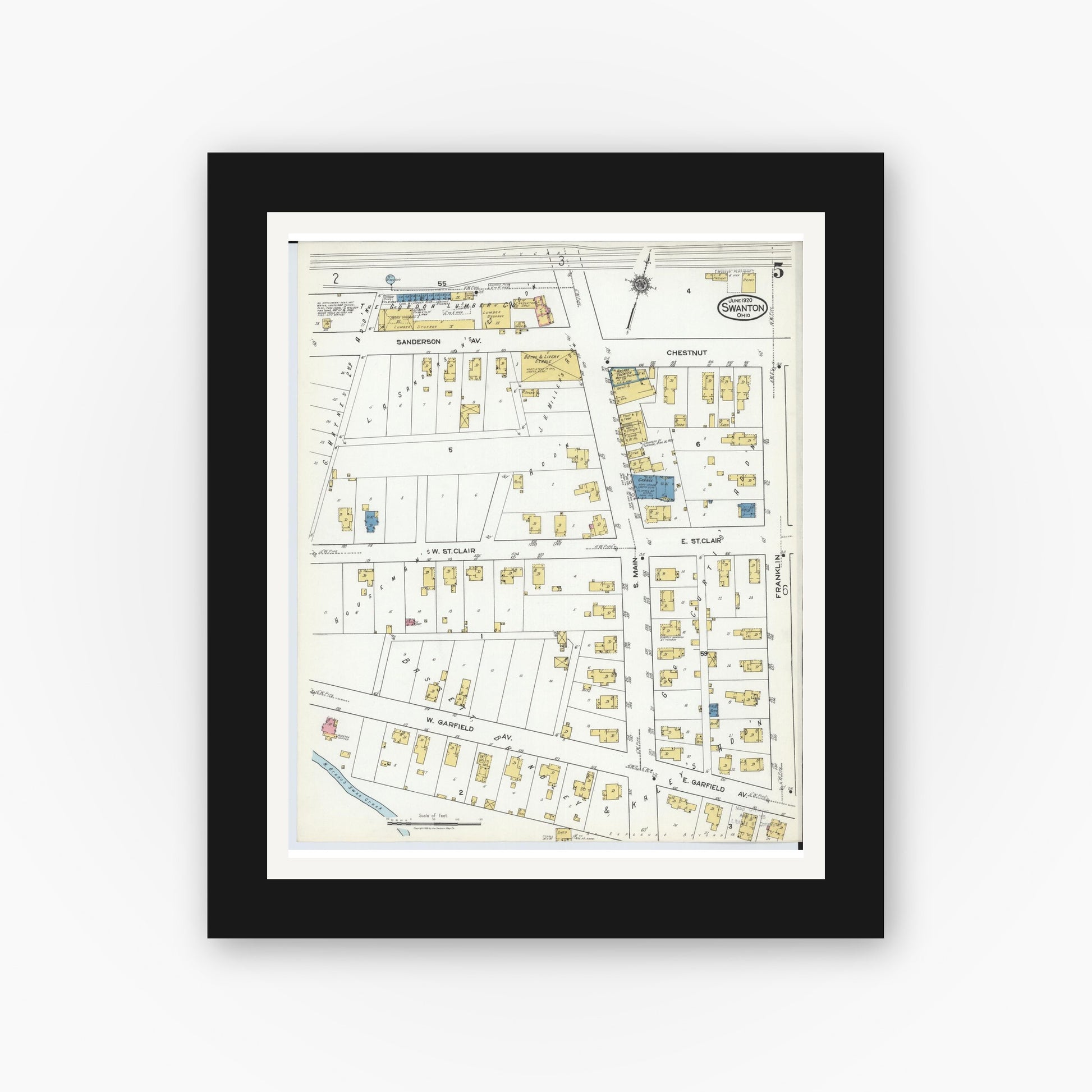 Old map wall art mockup — black gallery frame with white mat — Sanborn Fire Insurance Map from Swanton, Fulton County, Ohio (1920), Sheet #0005
