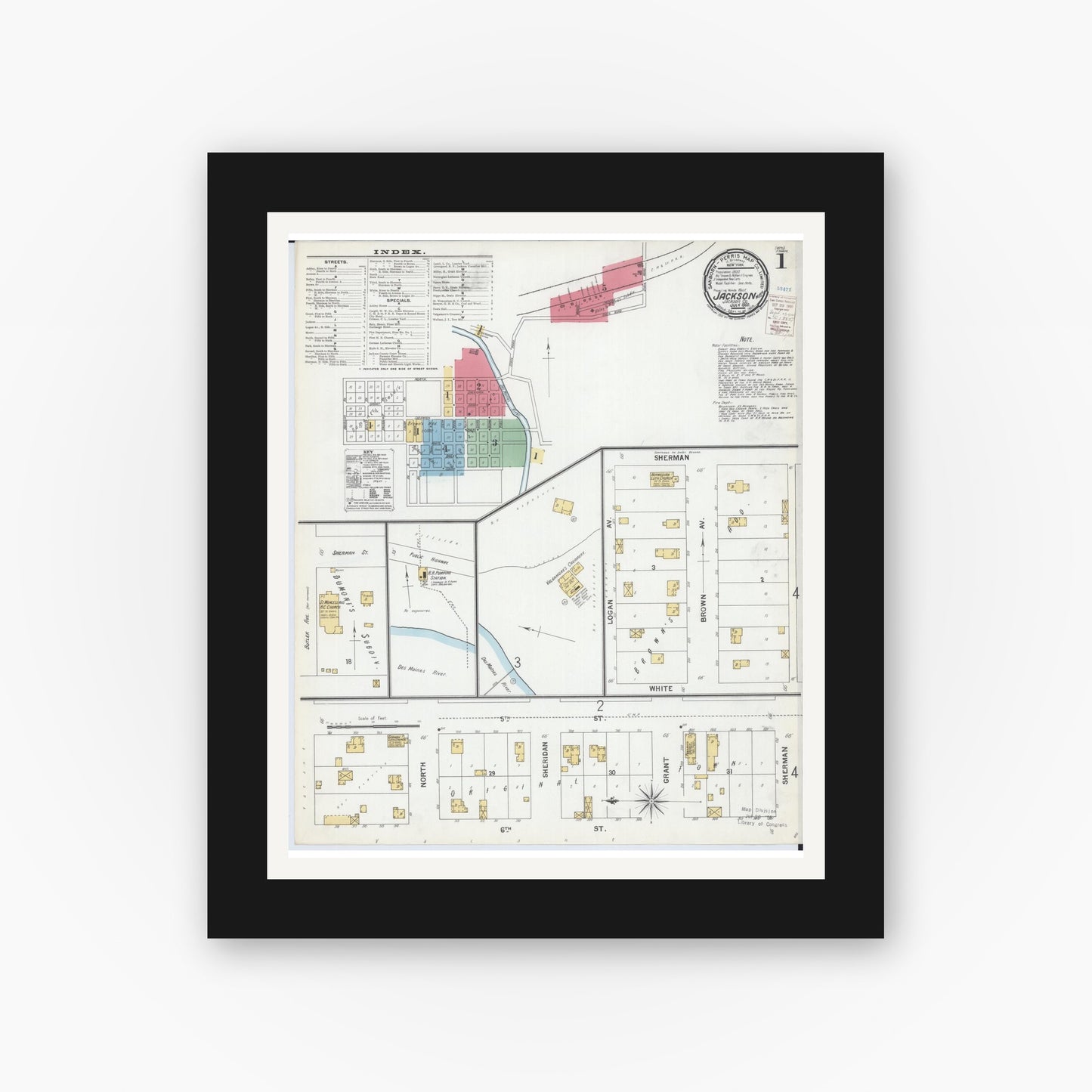 Old map wall art mockup — black gallery frame with white mat — Sanborn Fire Insurance Map from Jackson, Jackson County, Minnesota (1900) - Complete Map Set