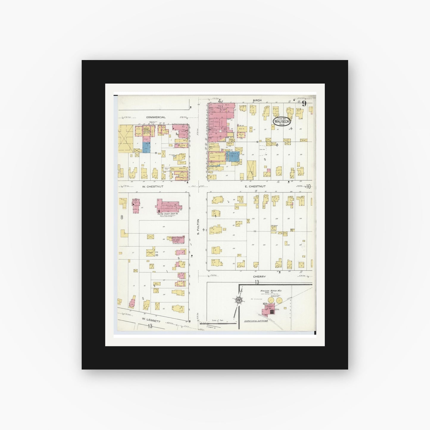 Old map wall art mockup — black gallery frame with white mat — Sanborn Fire Insurance Map from Wauseon, Fulton County, Ohio (1916), Sheet #0009