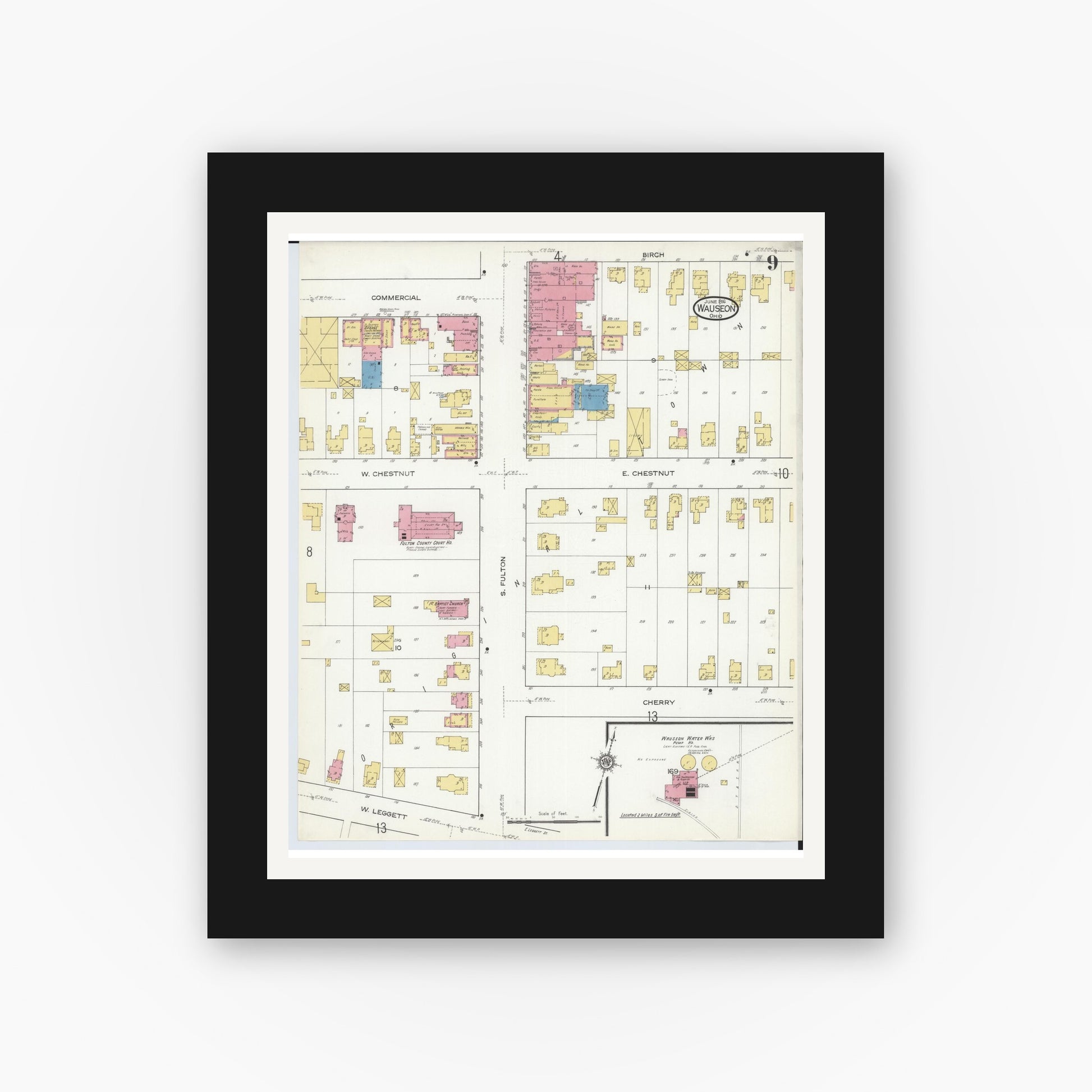 Old map wall art mockup — black gallery frame with white mat — Sanborn Fire Insurance Map from Wauseon, Fulton County, Ohio (1916), Sheet #0009