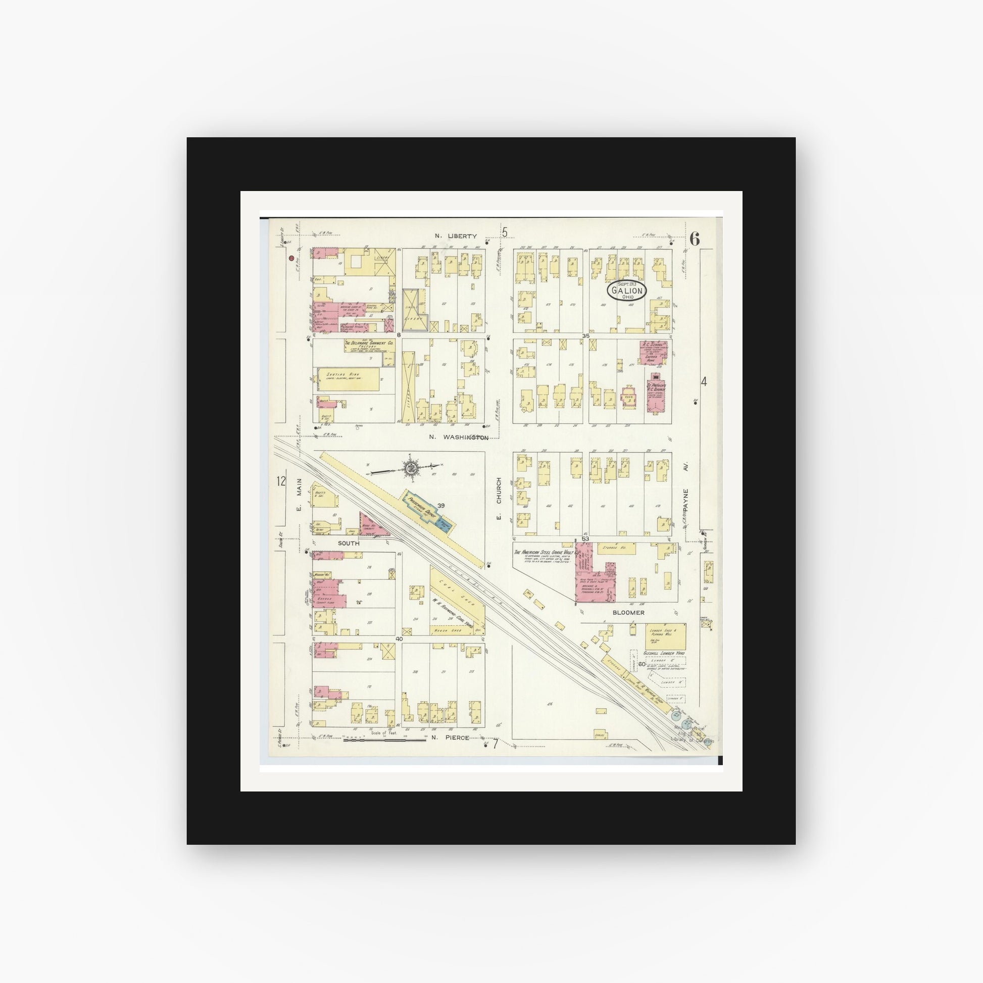 Old map wall art mockup — black gallery frame with white mat — Sanborn Fire Insurance Map from Galion, Crawford County, Ohio (1913), Sheet #0006