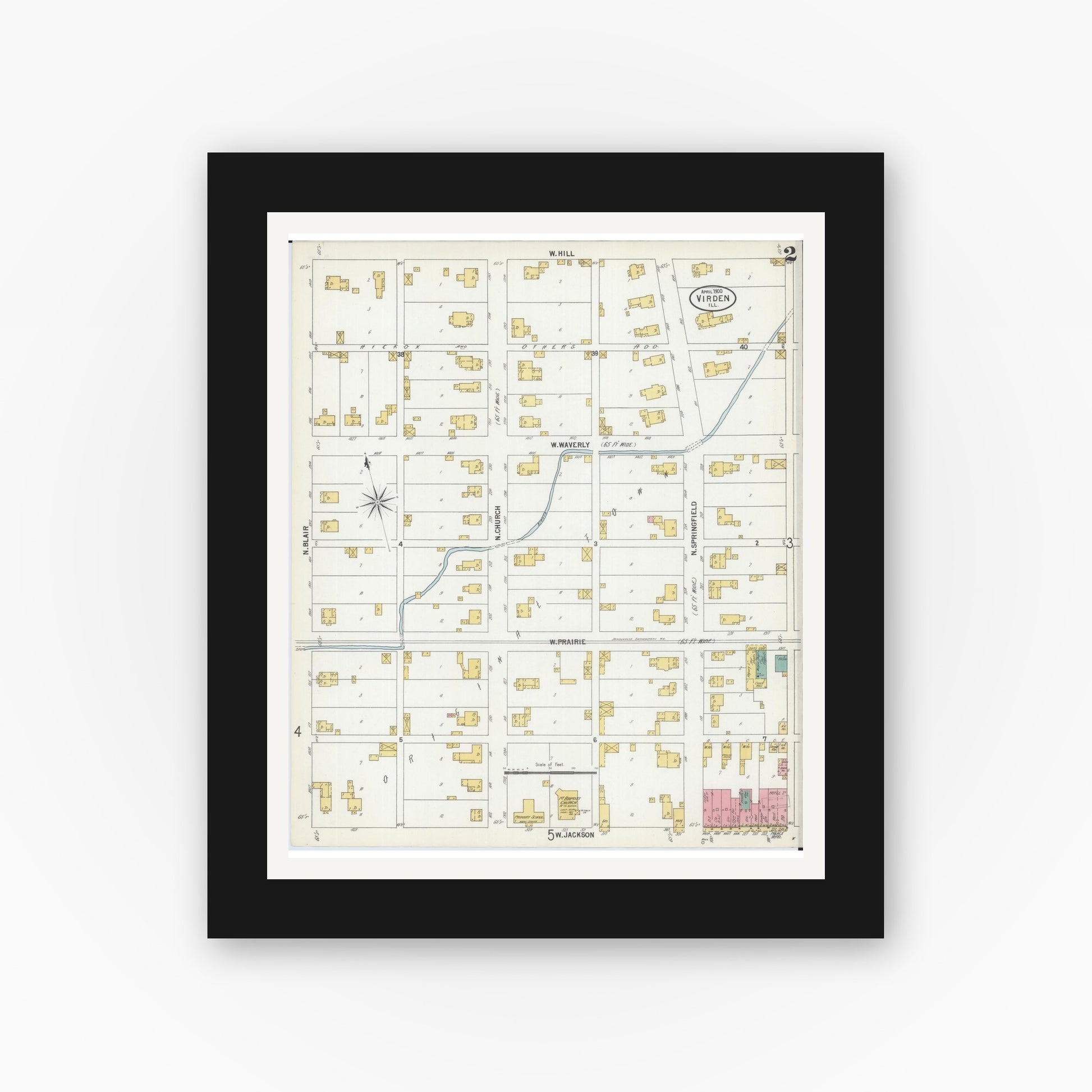 Old map wall art mockup — black gallery frame with white mat — Sanborn Fire Insurance Map from Virden, Macoupin County, Illinois (1900), Sheet #0002