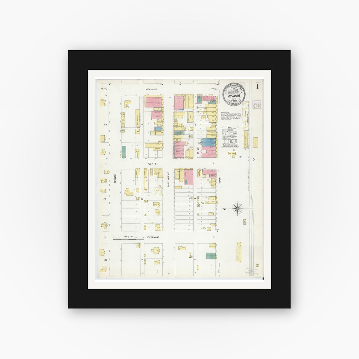 Old map wall art mockup — black gallery frame with white mat — Sanborn Fire Insurance Map from Weimar, Colorado County, Texas (1907) - Complete Map Set