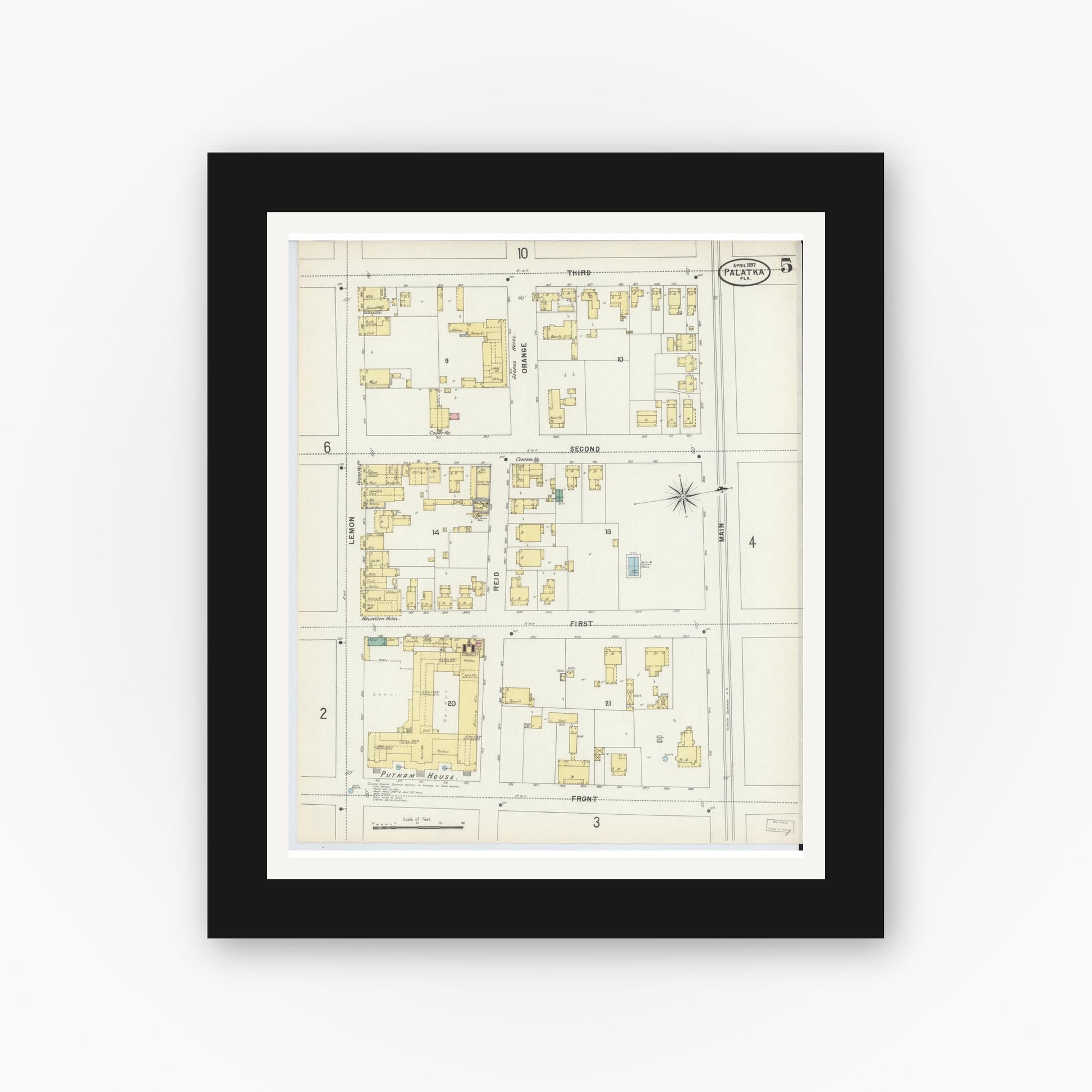 Old map wall art mockup — black gallery frame with white mat — Sanborn Fire Insurance Map from Palatka, Putnam County, Florida (1897), Sheet #0005