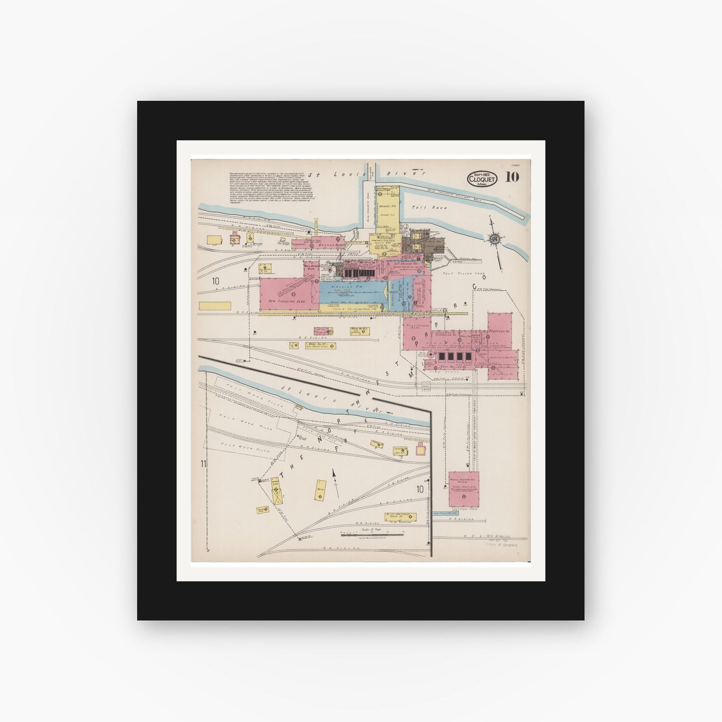 Old map wall art mockup — black gallery frame with white mat — Sanborn Fire Insurance Map from Cloquet, Carlton County, Minnesota (1922), Sheet #0010