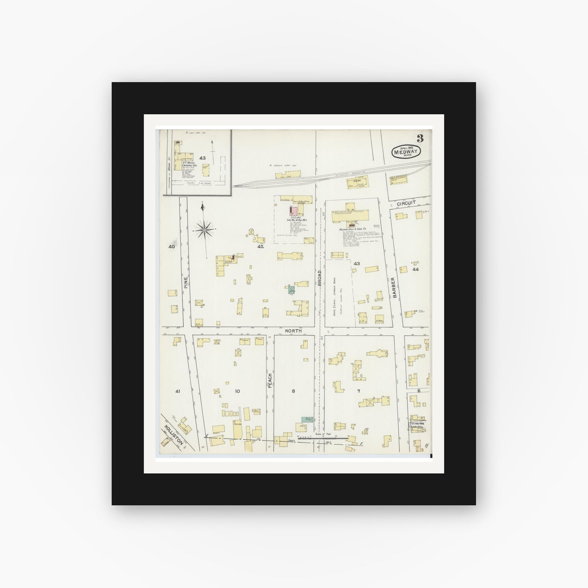 Old map wall art mockup — black gallery frame with white mat — Sanborn Fire Insurance Map from Medway, Norfolk County, Massachusetts (1892), Sheet #0003