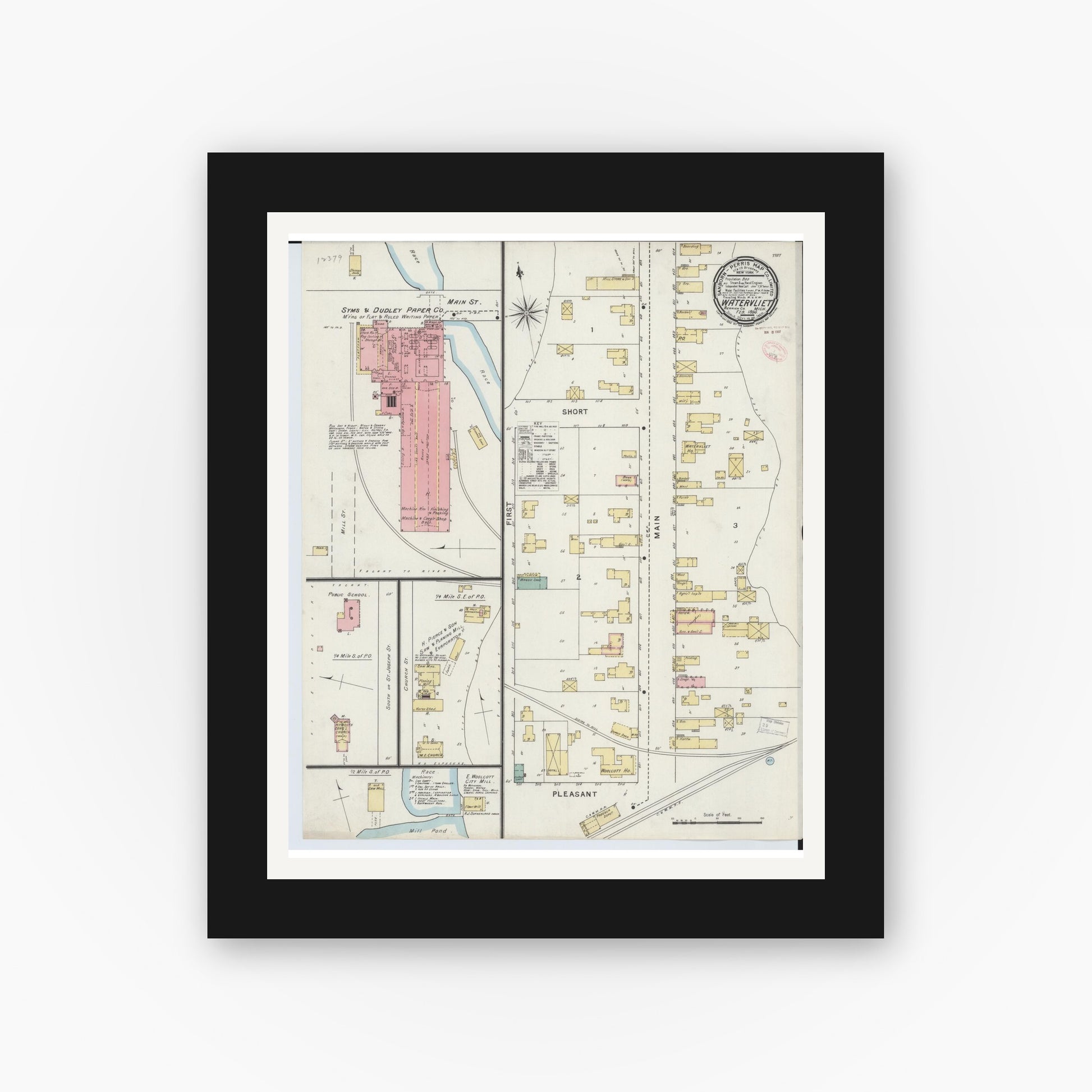 Old map wall art mockup — black gallery frame with white mat — Sanborn Fire Insurance Map from Watervliet, Berrien County, Michigan (1895), Sheet #0001