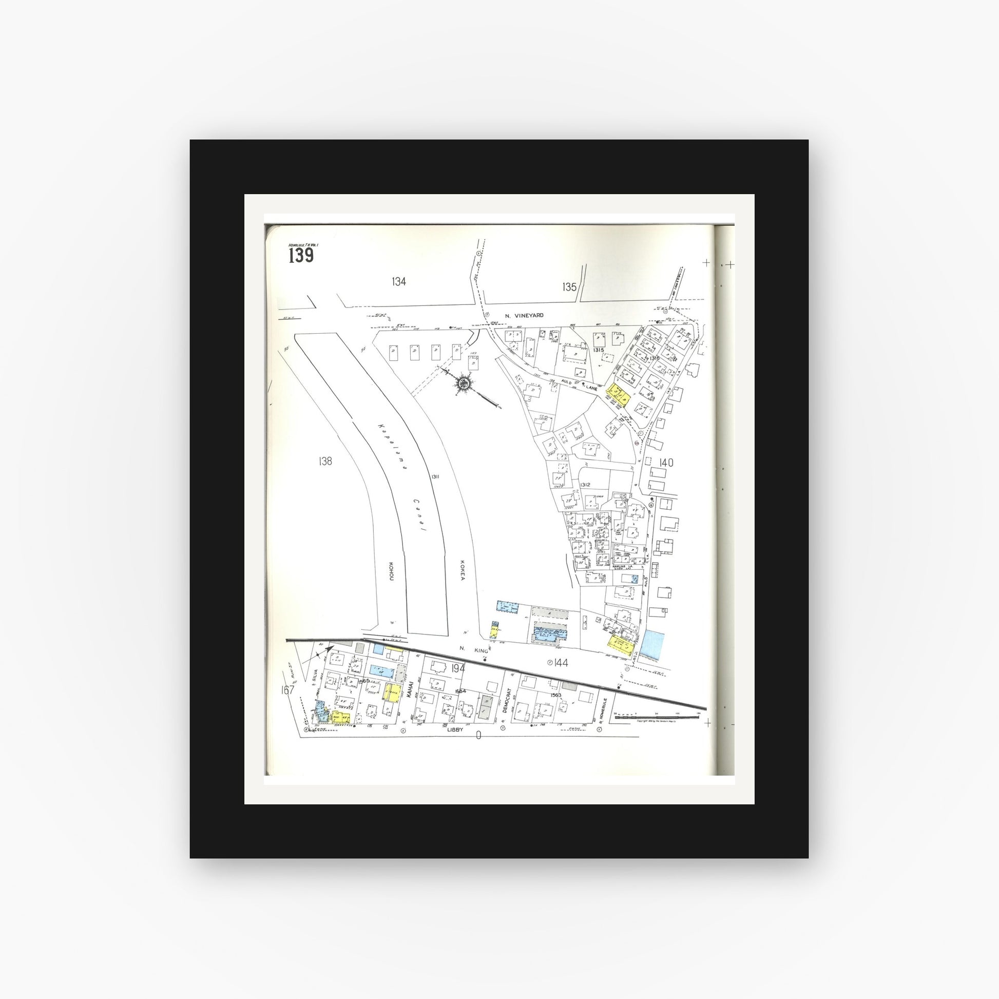 Old map wall art mockup — black gallery frame with white mat — Sanborn Fire Insurance Map from Honolulu, Oahu County, Hawaii (1955), Sheet #0139