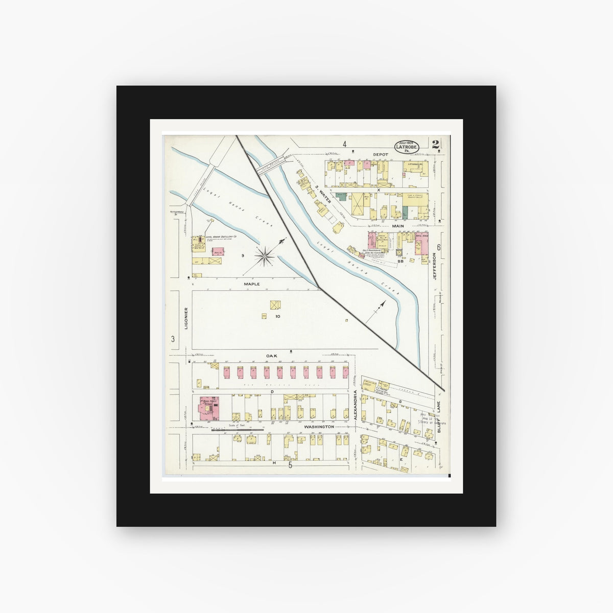 Old map wall art mockup — black gallery frame with white mat — Sanborn Fire Insurance Map from Latrobe, Westmoreland County, Pennsylvania (1909), Sheet #0002