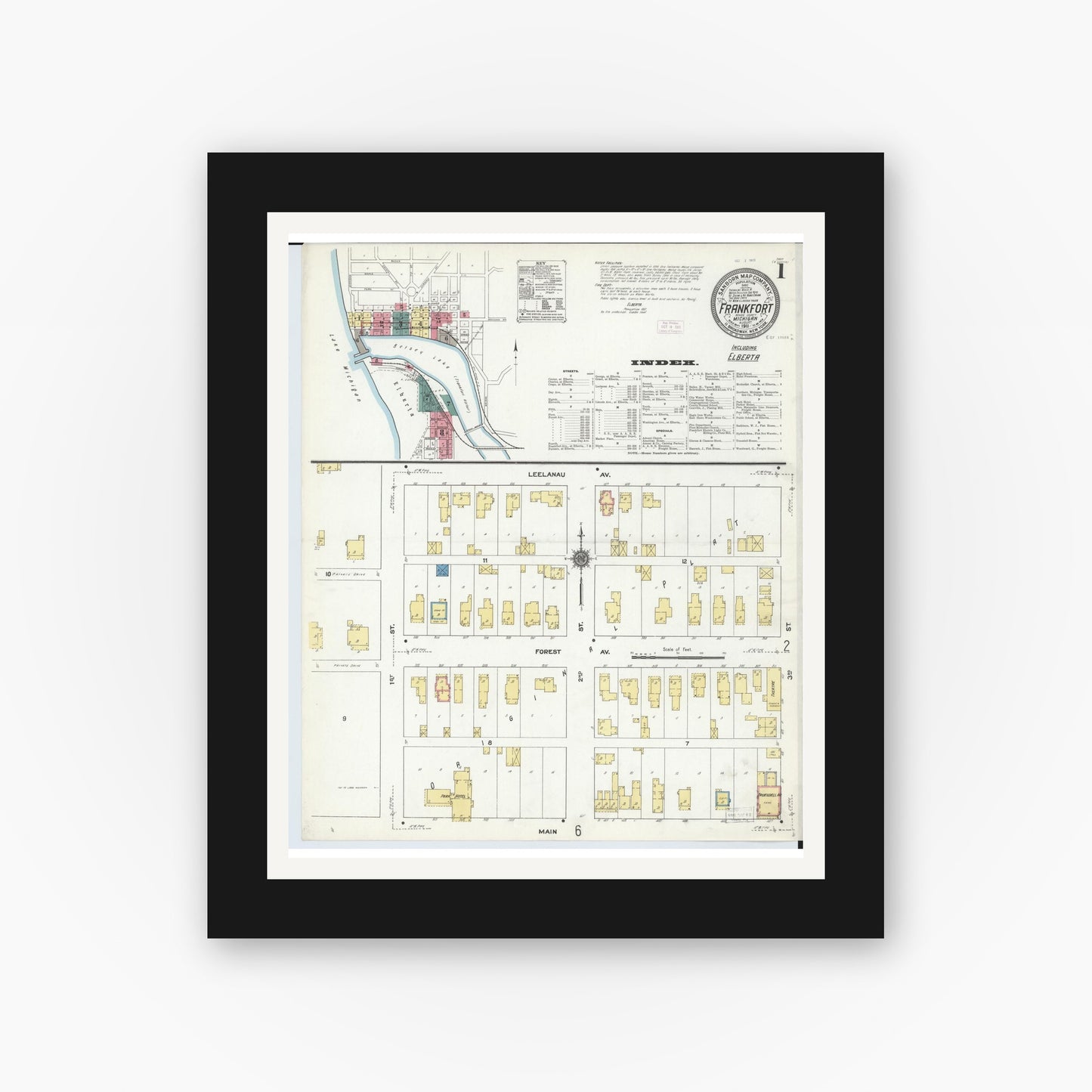 Old map wall art mockup — black gallery frame with white mat — Sanborn Fire Insurance Map from Frankfort, Benzie County, Michigan (1911) - Complete Map Set
