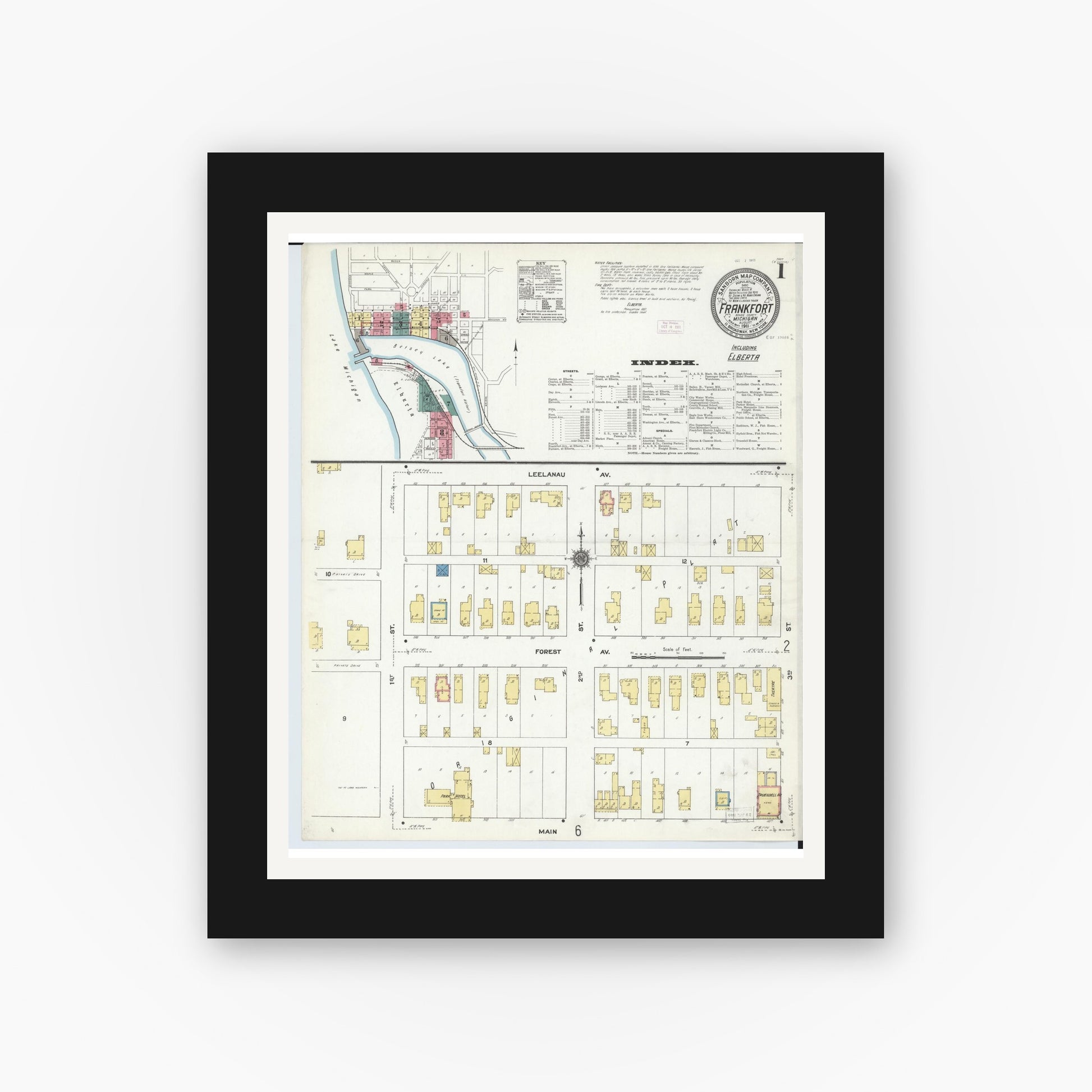 Old map wall art mockup — black gallery frame with white mat — Sanborn Fire Insurance Map from Frankfort, Benzie County, Michigan (1911) - Complete Map Set