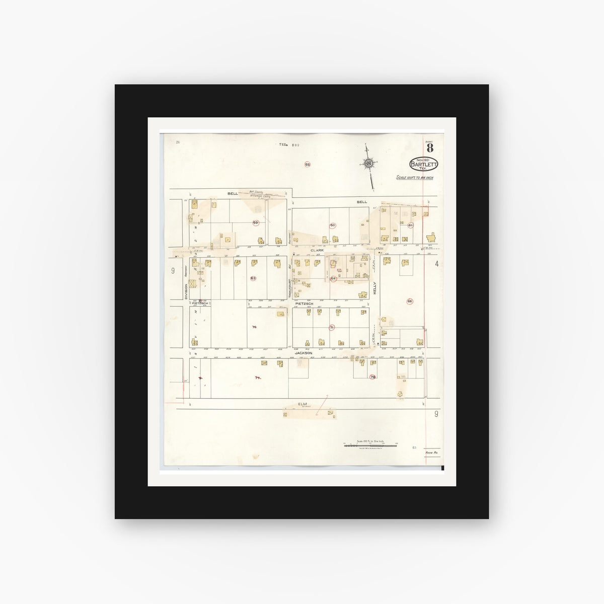 Old map wall art mockup — black gallery frame with white mat — Sanborn Fire Insurance Map from Bartlett, Bell and Williamson Counties, Texas (1940), Sheet #0008
