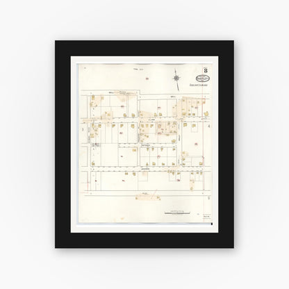 Old map wall art mockup — black gallery frame with white mat — Sanborn Fire Insurance Map from Bartlett, Bell and Williamson Counties, Texas (1940), Sheet #0008