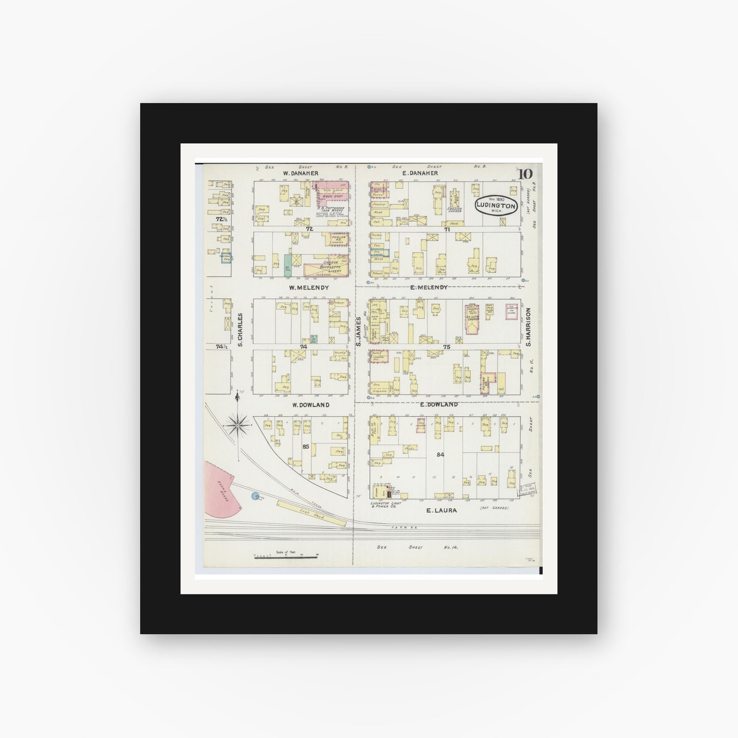 Old map wall art mockup — black gallery frame with white mat — Sanborn Fire Insurance Map from Ludington, Mason County, Michigan (1890), Sheet #0010