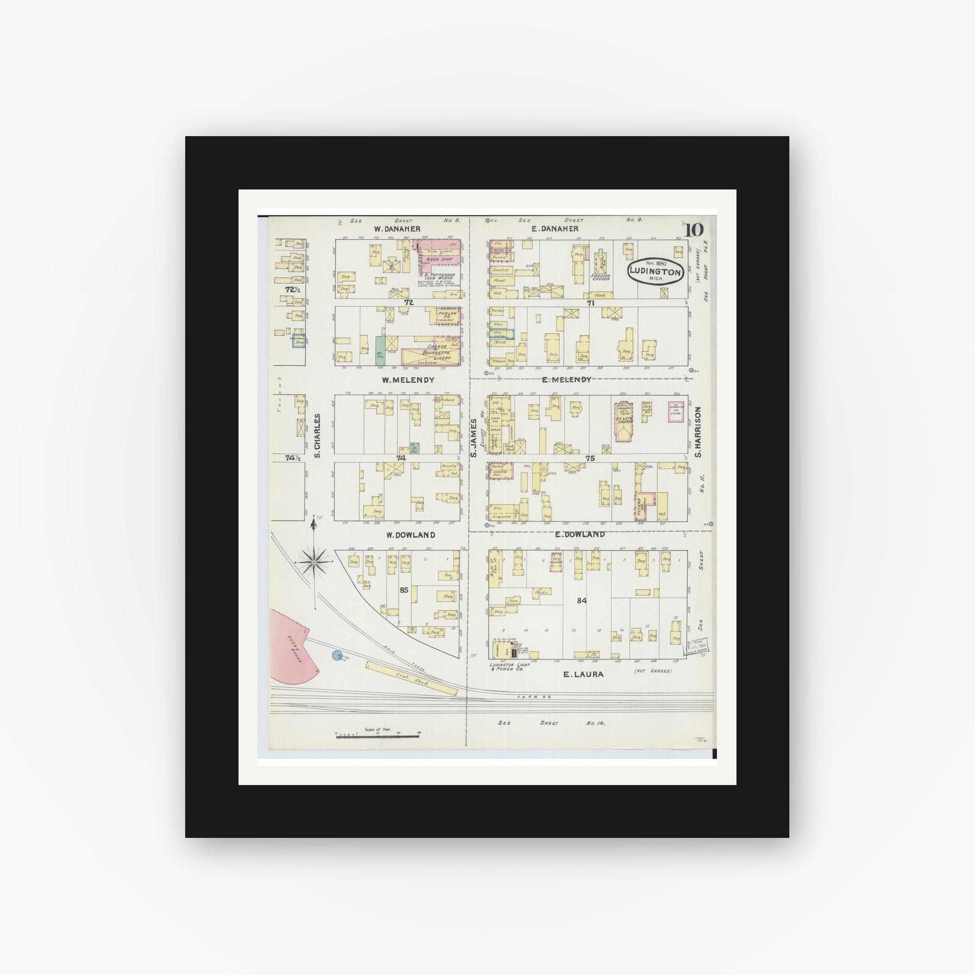 Old map wall art mockup — black gallery frame with white mat — Sanborn Fire Insurance Map from Ludington, Mason County, Michigan (1890), Sheet #0010