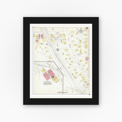 Old map wall art mockup — black gallery frame with white mat — Sanborn Fire Insurance Map from Pontiac, Oakland County, Michigan (1903), Sheet #0012