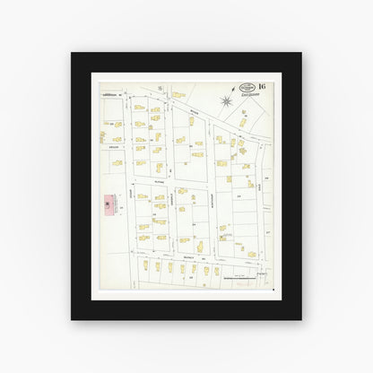 Old map wall art mockup — black gallery frame with white mat — Sanborn Fire Insurance Map from Dedham, Norfolk County, Massachusetts (1909), Sheet #0016