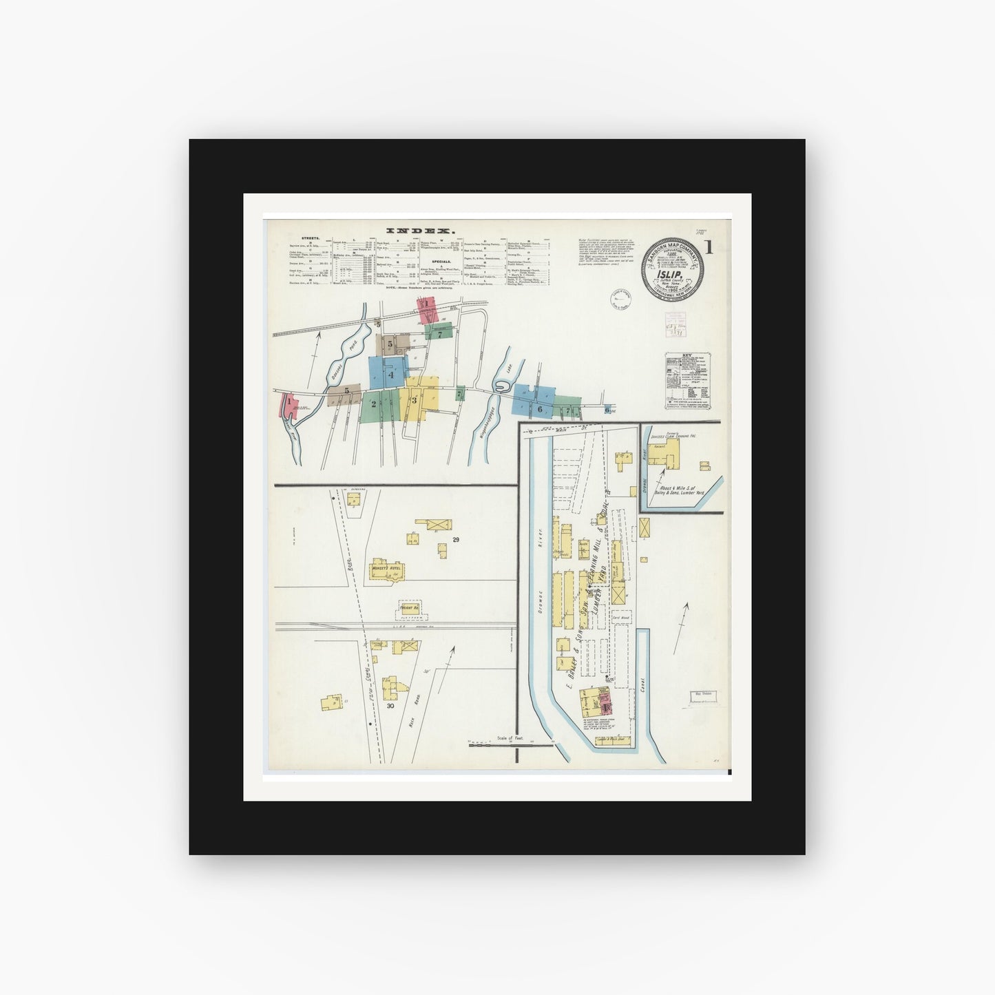 Old map wall art mockup — black gallery frame with white mat — Sanborn Fire Insurance Map from Islip, Suffolk County, New York (1902), Sheet #0001
