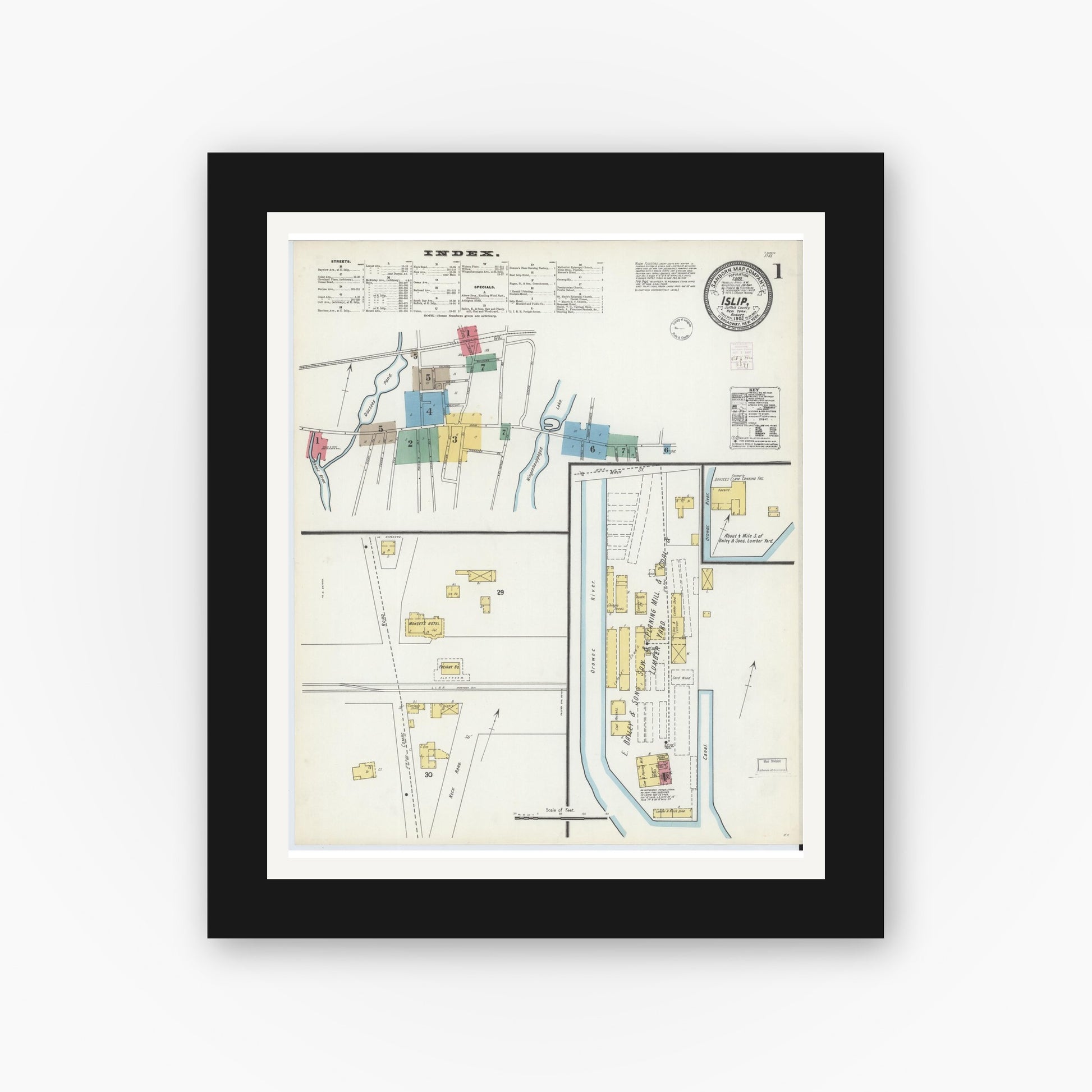 Old map wall art mockup — black gallery frame with white mat — Sanborn Fire Insurance Map from Islip, Suffolk County, New York (1902), Sheet #0001