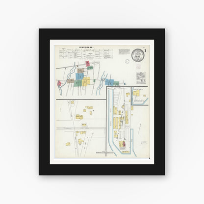 Old map wall art mockup — black gallery frame with white mat — Sanborn Fire Insurance Map from Islip, Suffolk County, New York (1902), Sheet #0001
