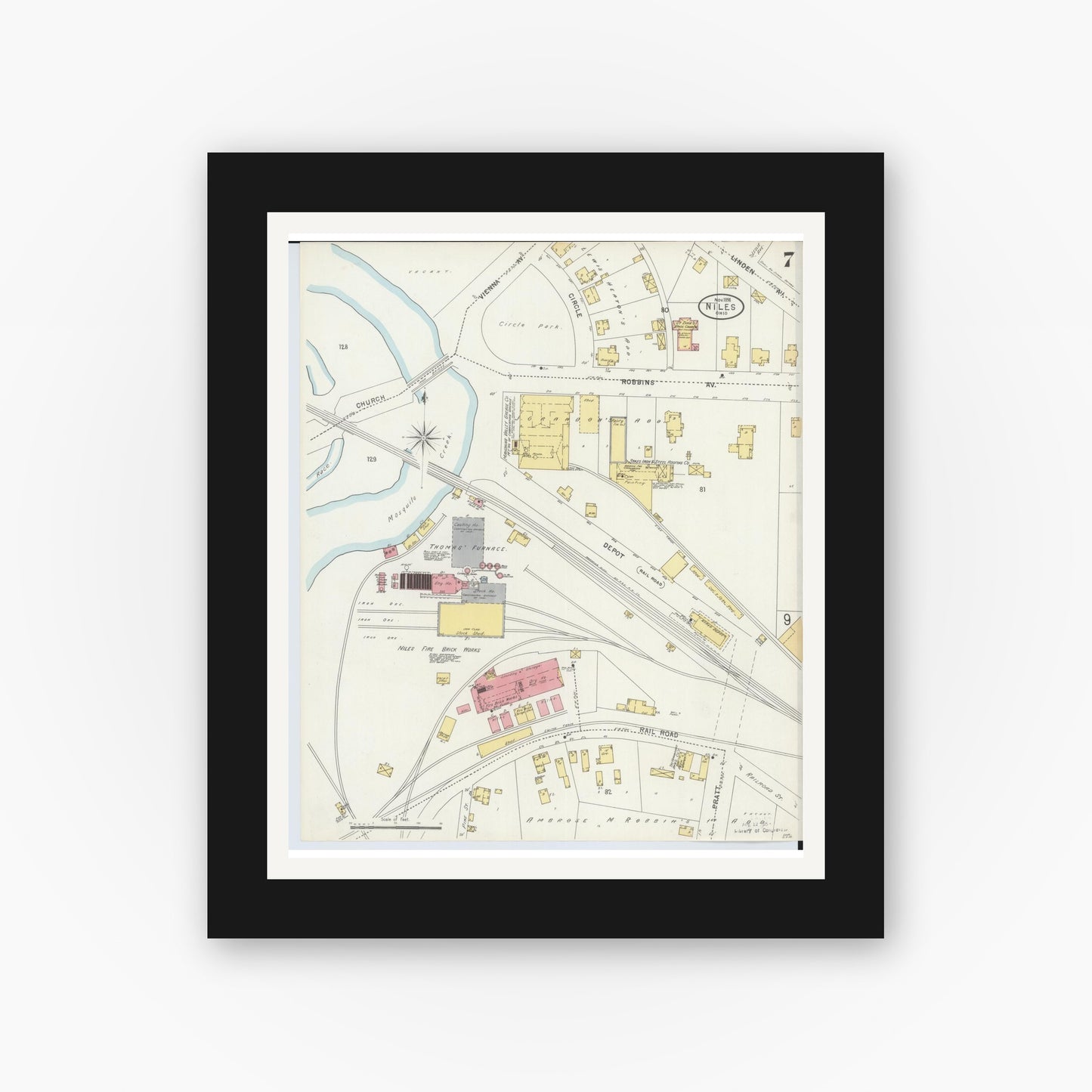 Old map wall art mockup — black gallery frame with white mat — Sanborn Fire Insurance Map from Niles, Trumbull County, Ohio (1898), Sheet #0007