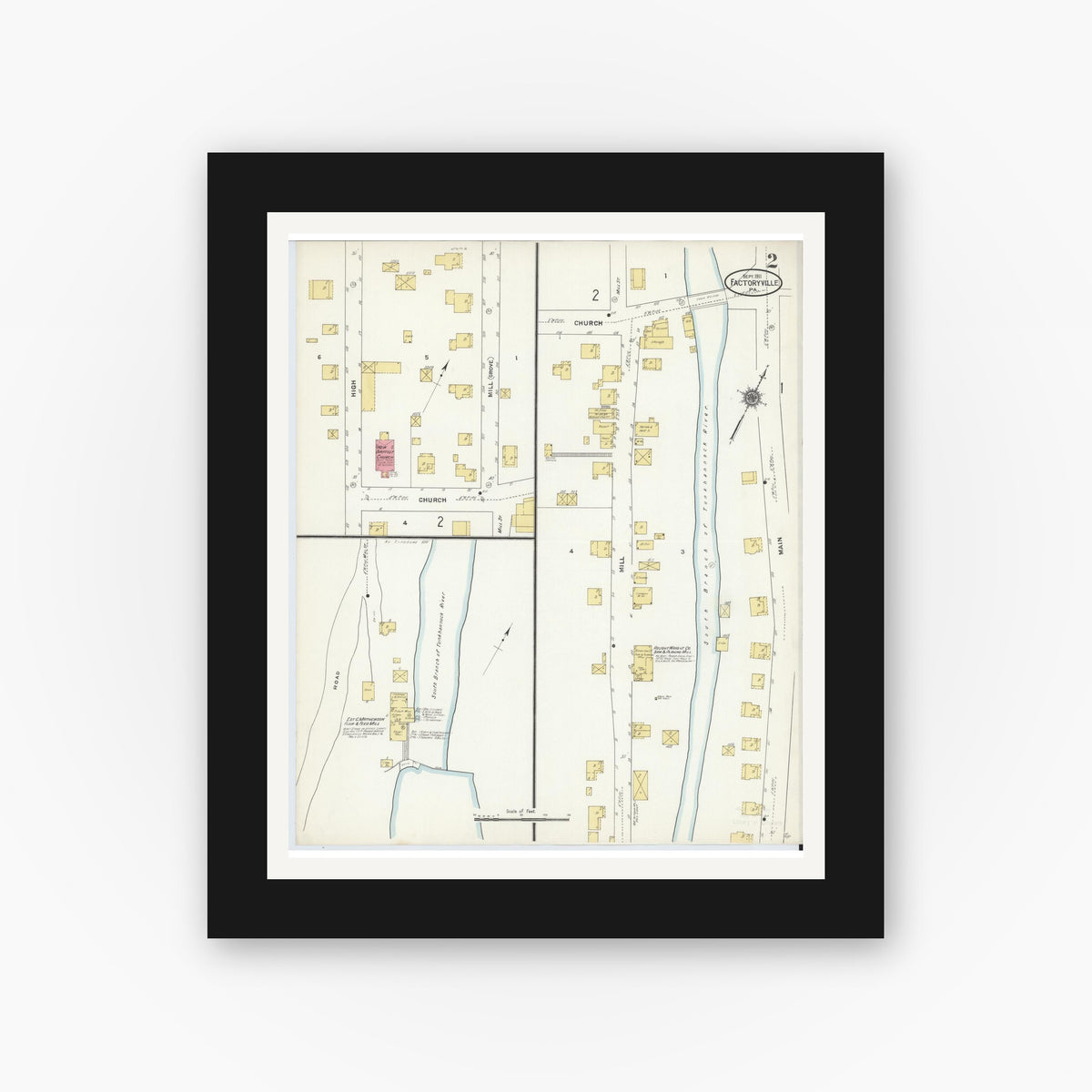 Old map wall art mockup — black gallery frame with white mat — Sanborn Fire Insurance Map from Factoryville, Wyoming County, Pennsylvania (1911), Sheet #0002