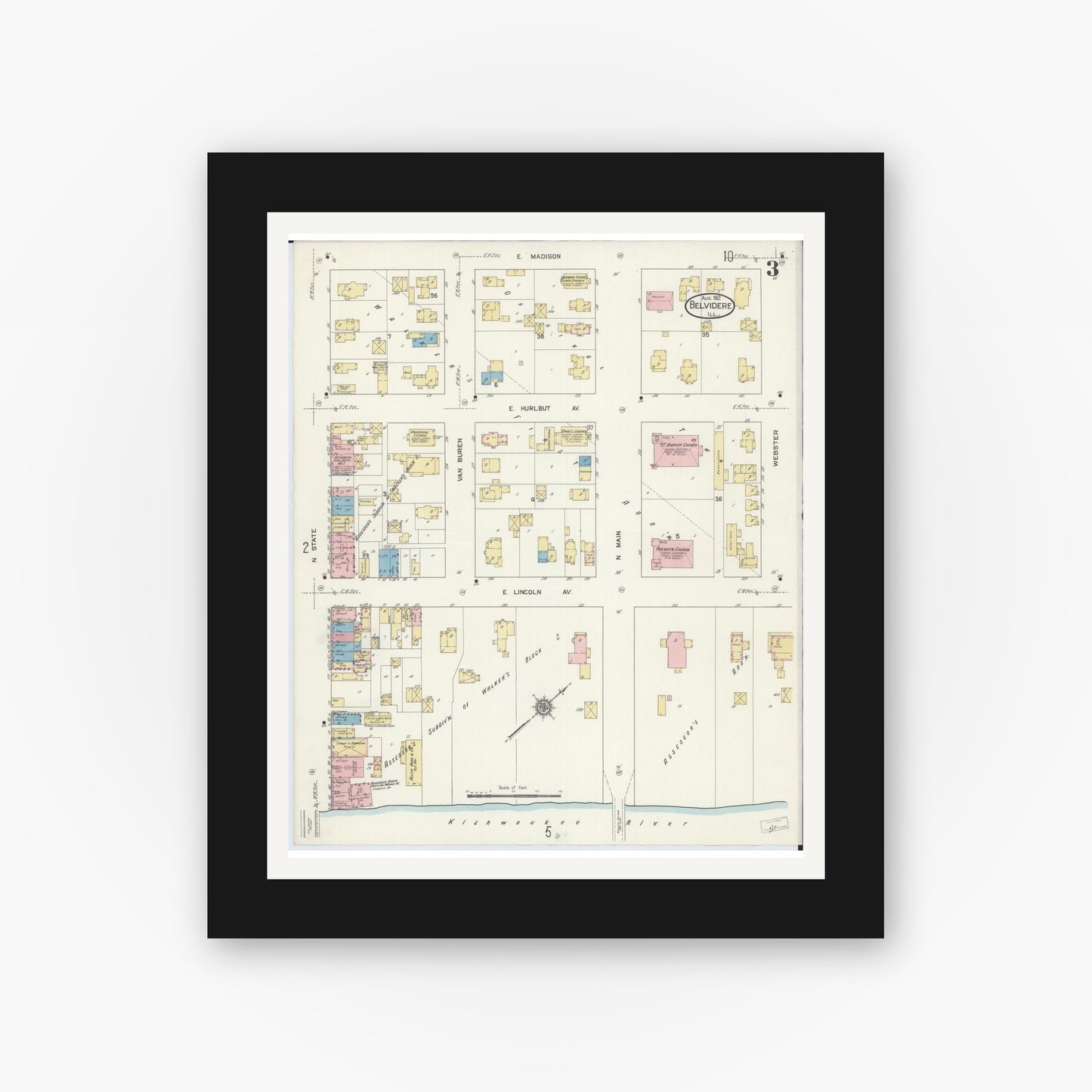 Old map wall art mockup — black gallery frame with white mat — Sanborn Fire Insurance Map from Belvidere, Boone County, Illinois (1912), Sheet #0003