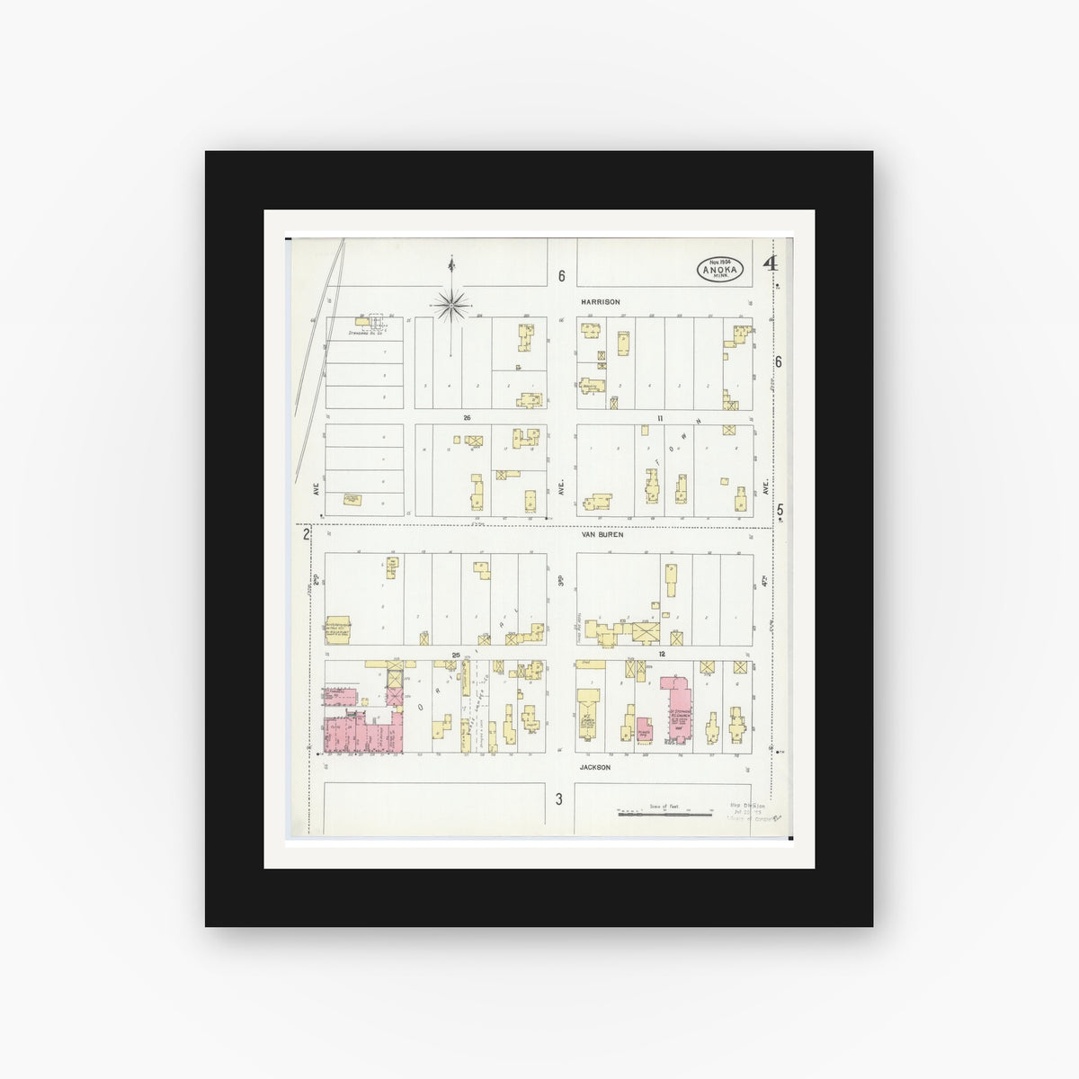Old map wall art mockup — black gallery frame with white mat — Sanborn Fire Insurance Map from Anoka, Anoka County, Minnesota (1904), Sheet #0004