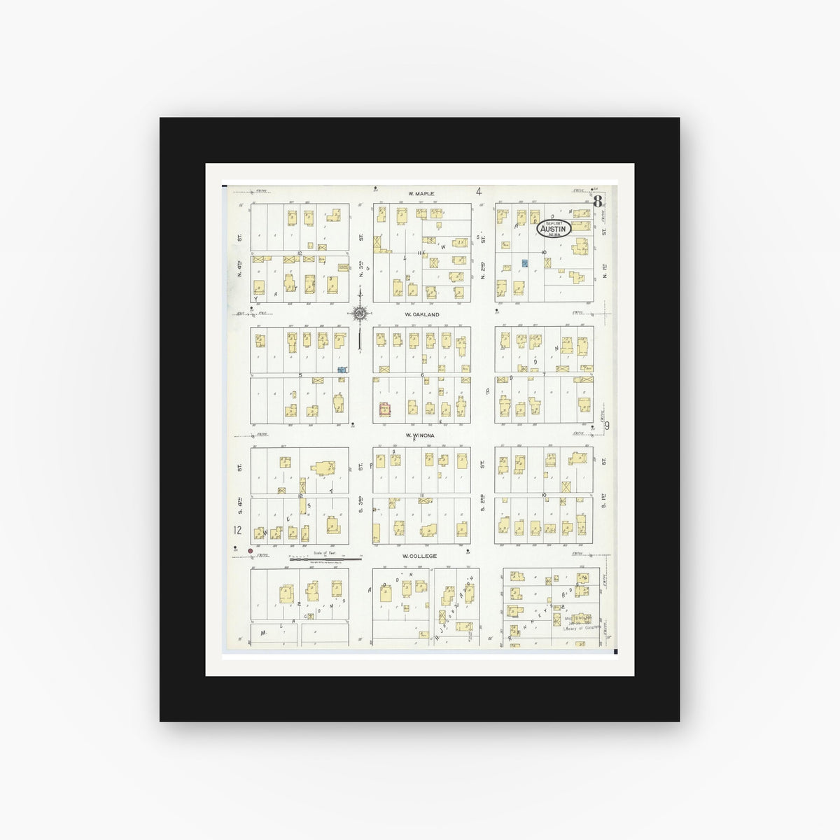 Old map wall art mockup — black gallery frame with white mat — Sanborn Fire Insurance Map from Austin, Mower County, Minnesota (1917), Sheet #0008